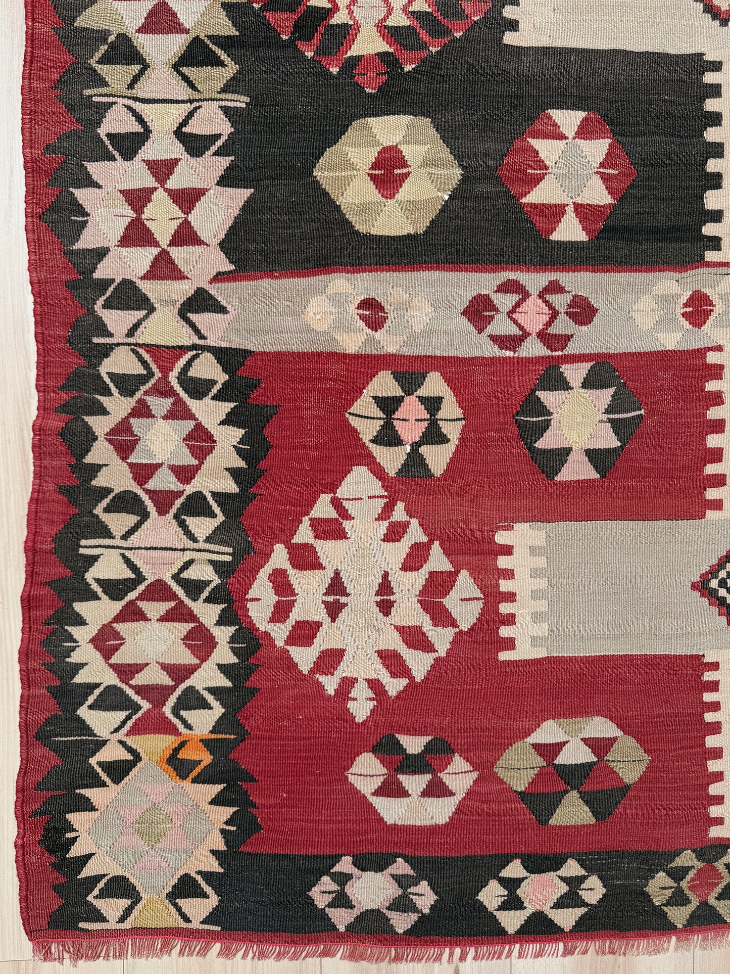 Vintage Milas Turkish kilim geometric rug  in madder red, charcoal black, handmade wool flatweave area rug 6x10 with authentic Anatolian tribal character