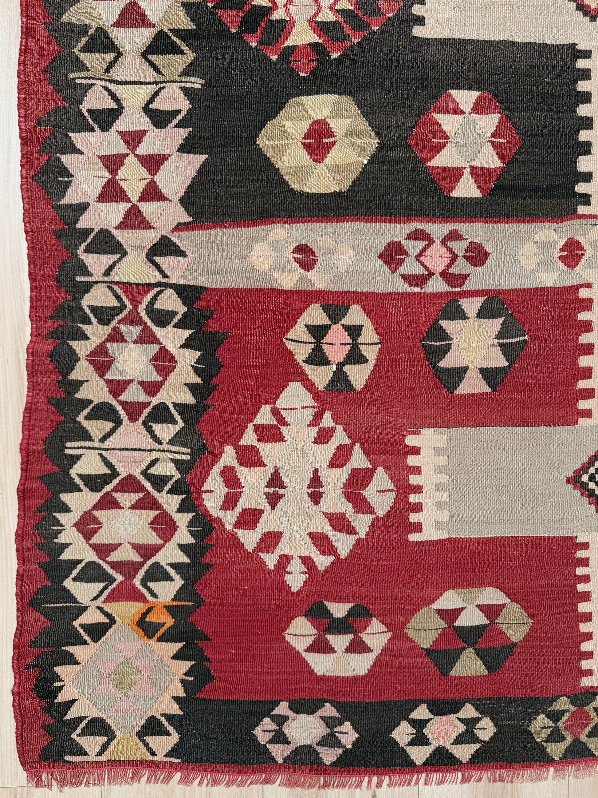 Vintage Milas Turkish kilim geometric rug  in madder red, charcoal black, handmade wool flatweave area rug 6x10 with authentic Anatolian tribal character