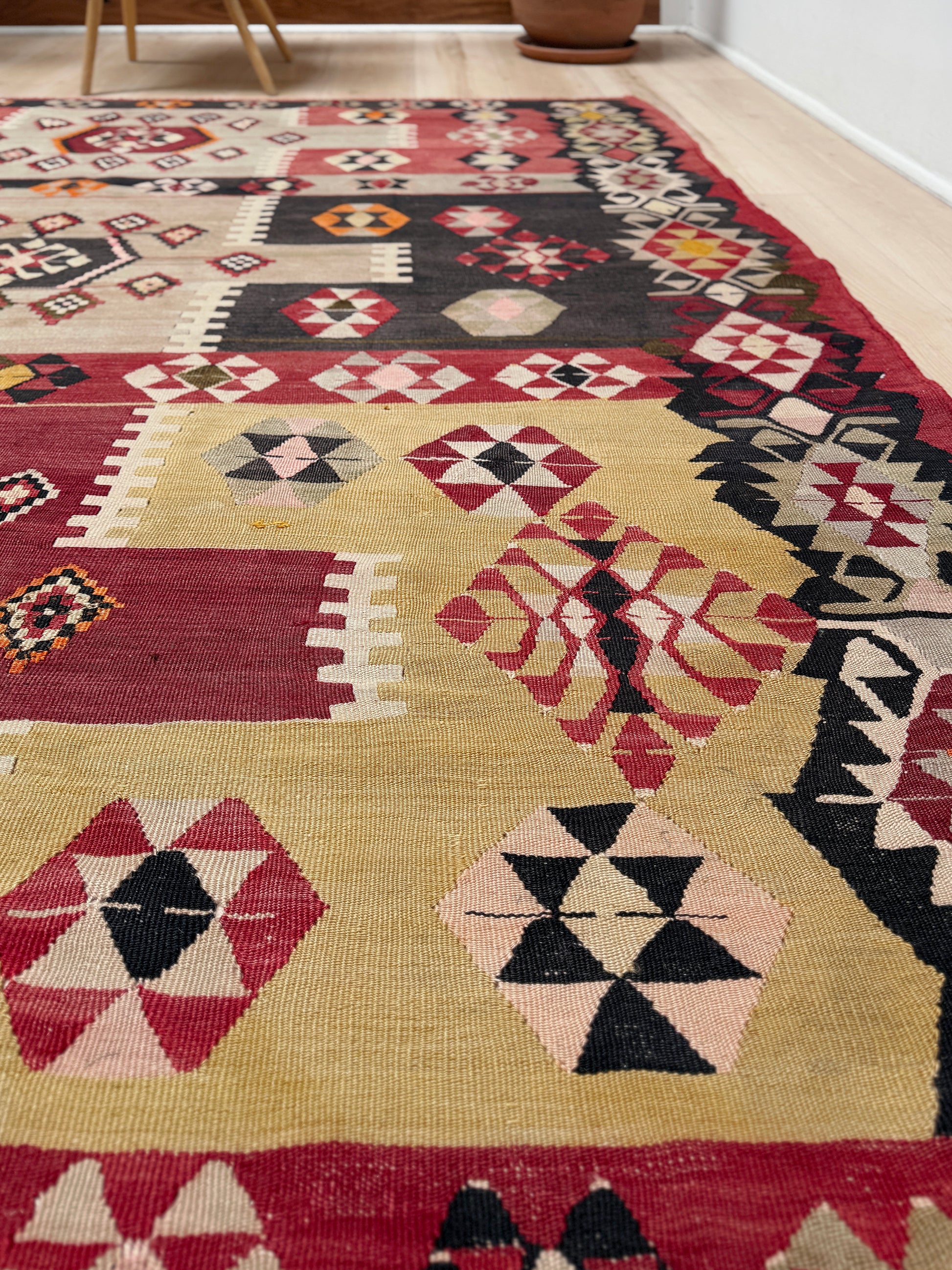 Vintage Milas Turkish kilim geometric rug  in madder red, charcoal black, handmade wool flatweave area rug 6x10 with authentic Anatolian tribal character