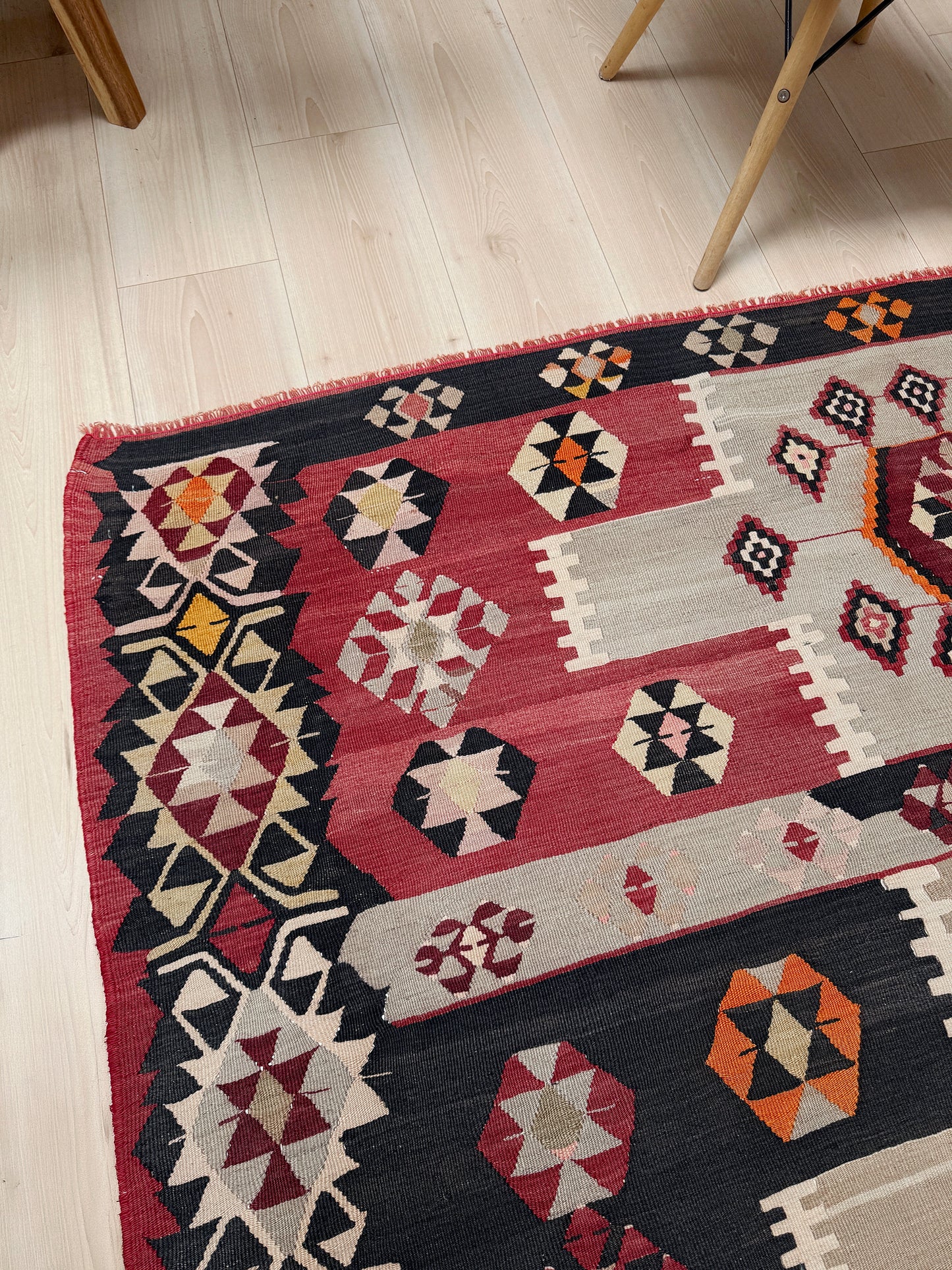 Vintage Milas Turkish kilim geometric rug  in madder red, charcoal black, handmade wool flatweave area rug 6x10 with authentic Anatolian tribal character