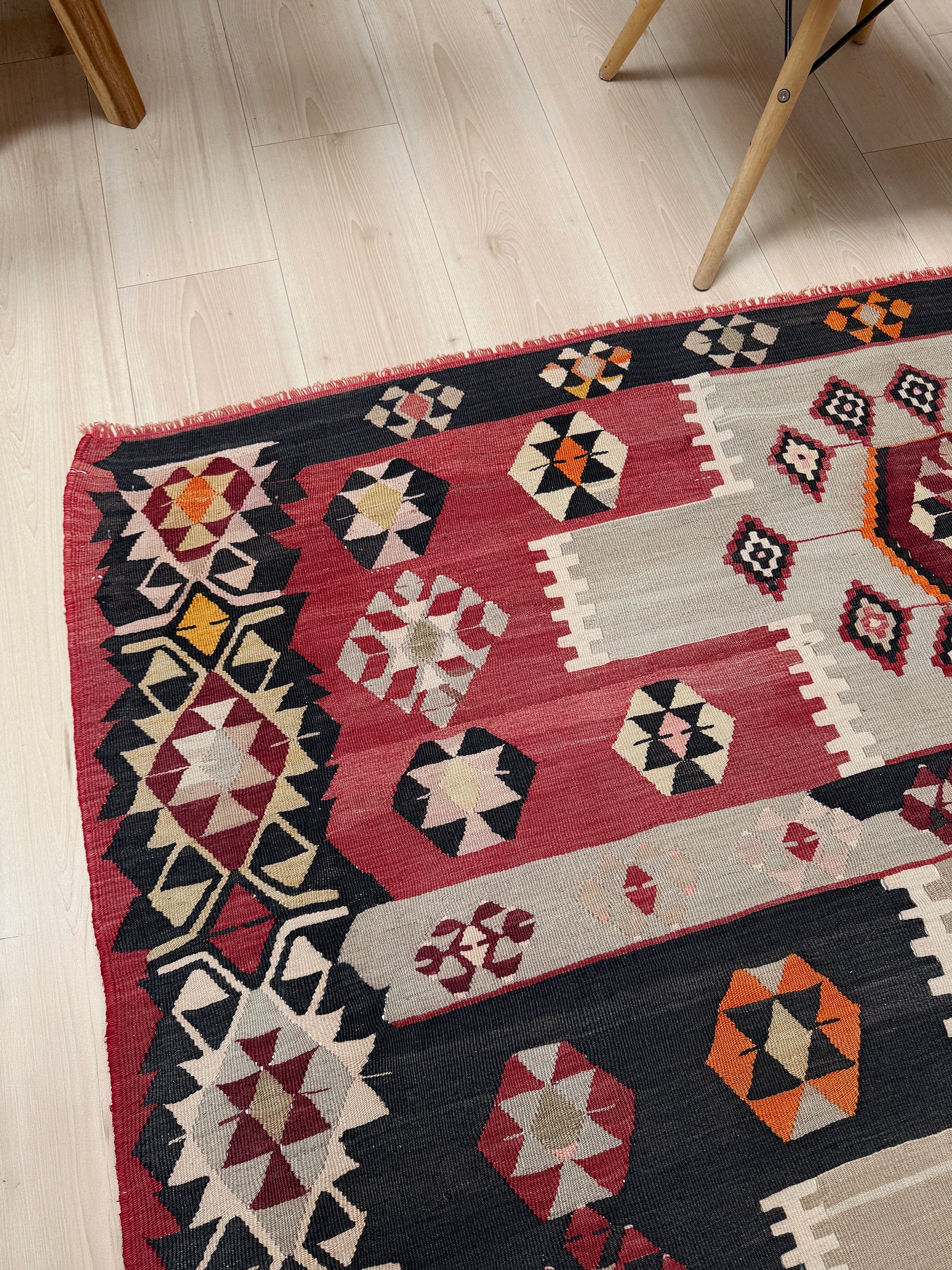 Vintage Milas Turkish kilim geometric rug  in madder red, charcoal black, handmade wool flatweave area rug 6x10 with authentic Anatolian tribal character