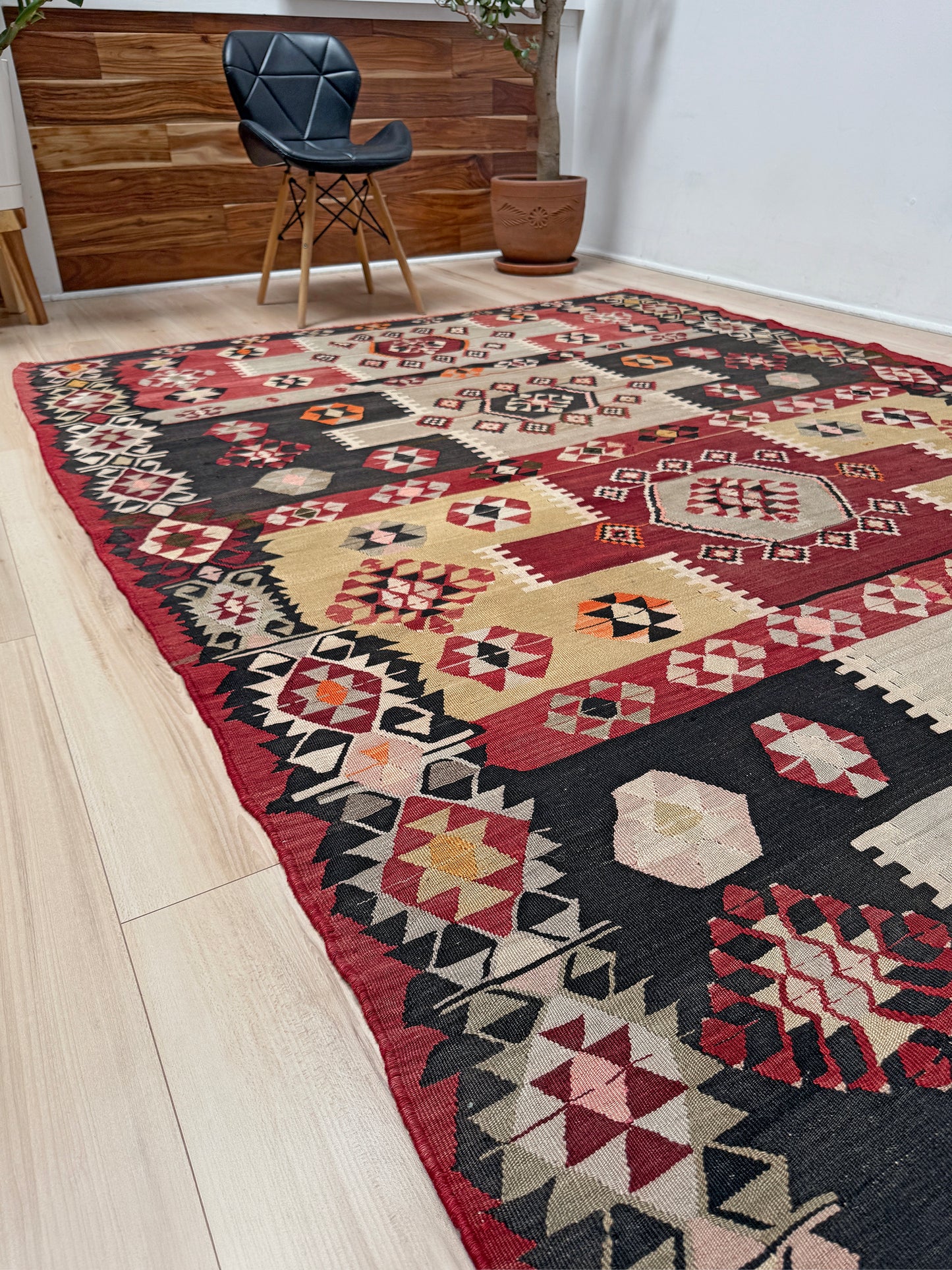 Vintage Milas Turkish kilim geometric rug  in madder red, charcoal black, handmade wool flatweave area rug 6x10 with authentic Anatolian tribal character