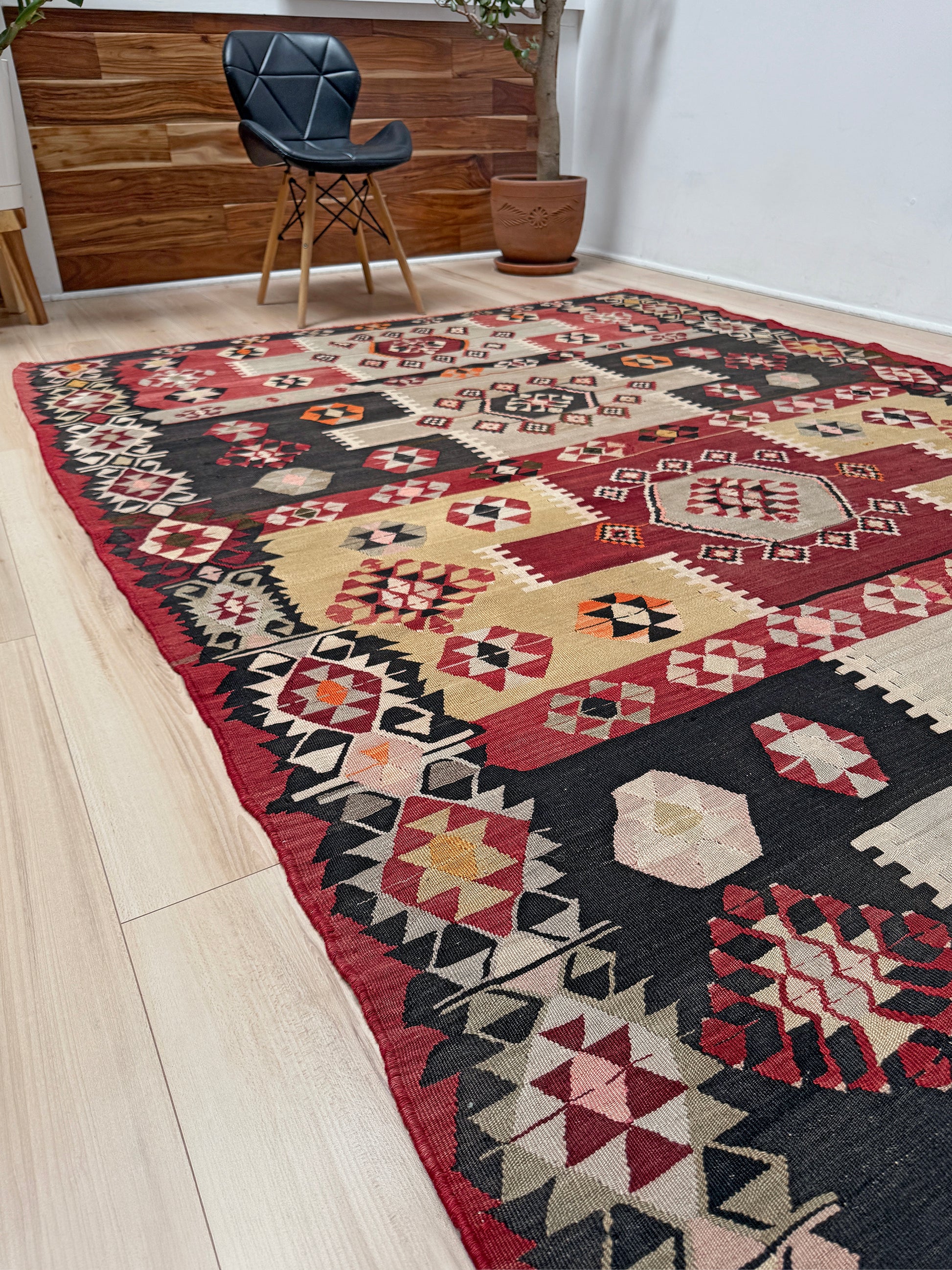 Vintage Milas Turkish kilim geometric rug  in madder red, charcoal black, handmade wool flatweave area rug 6x10 with authentic Anatolian tribal character