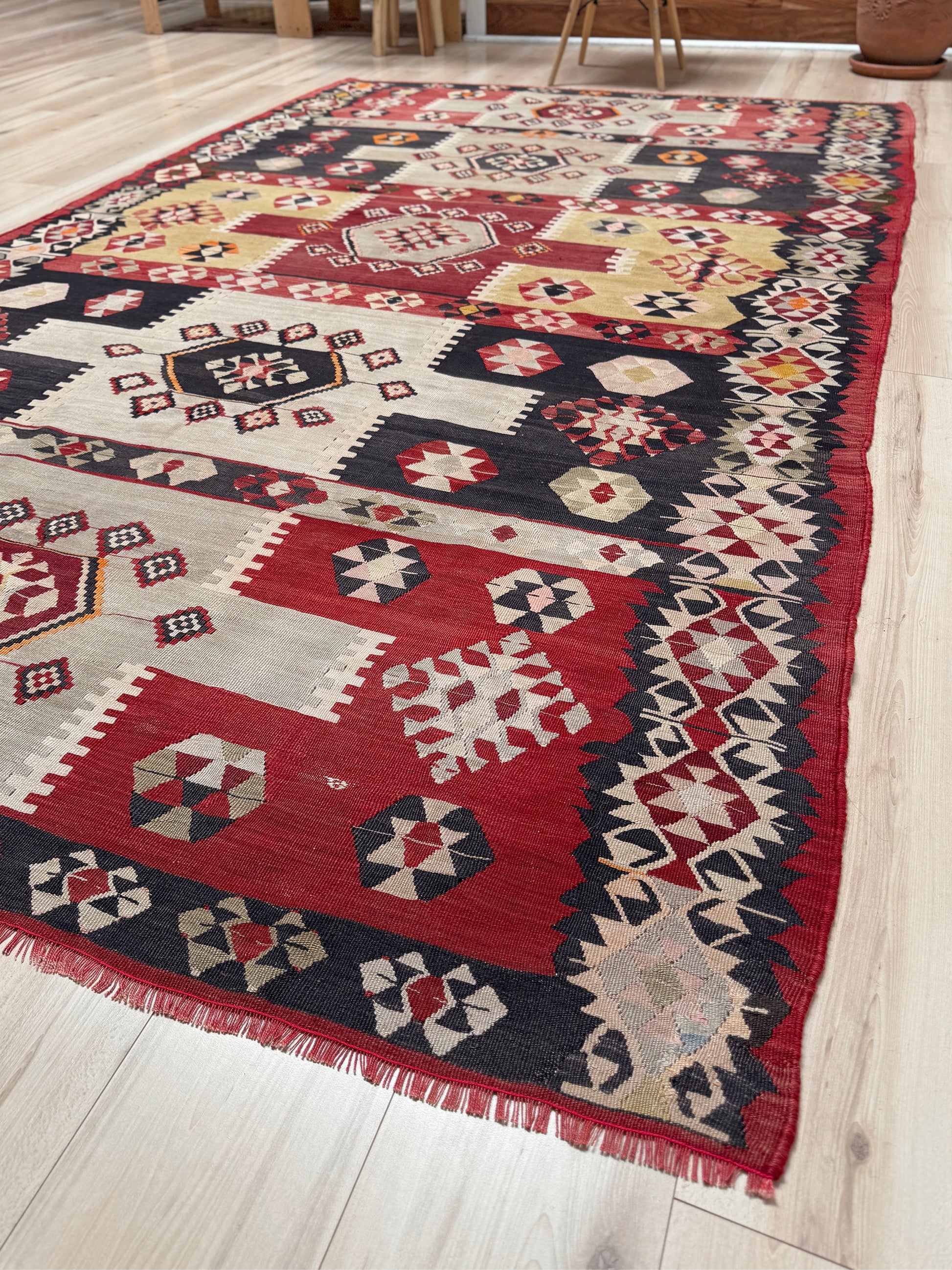 Vintage Milas Turkish kilim geometric rug  in madder red, charcoal black, handmade wool flatweave area rug 6x10 with authentic Anatolian tribal character