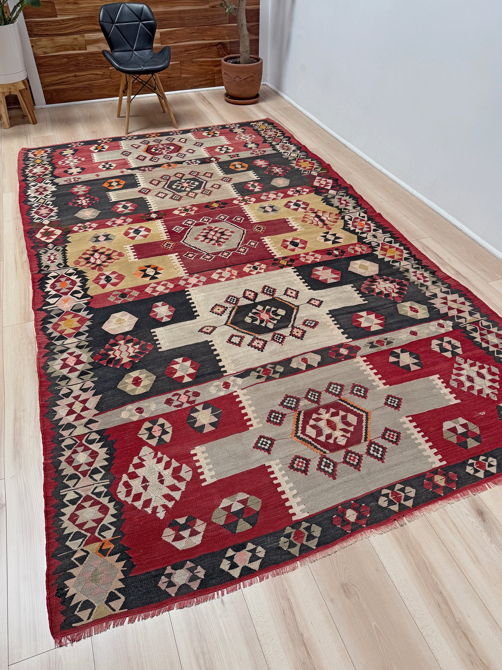 Vintage Milas Turkish kilim geometric rug  in madder red, charcoal black, handmade wool flatweave area rug 6x10 with authentic Anatolian tribal character