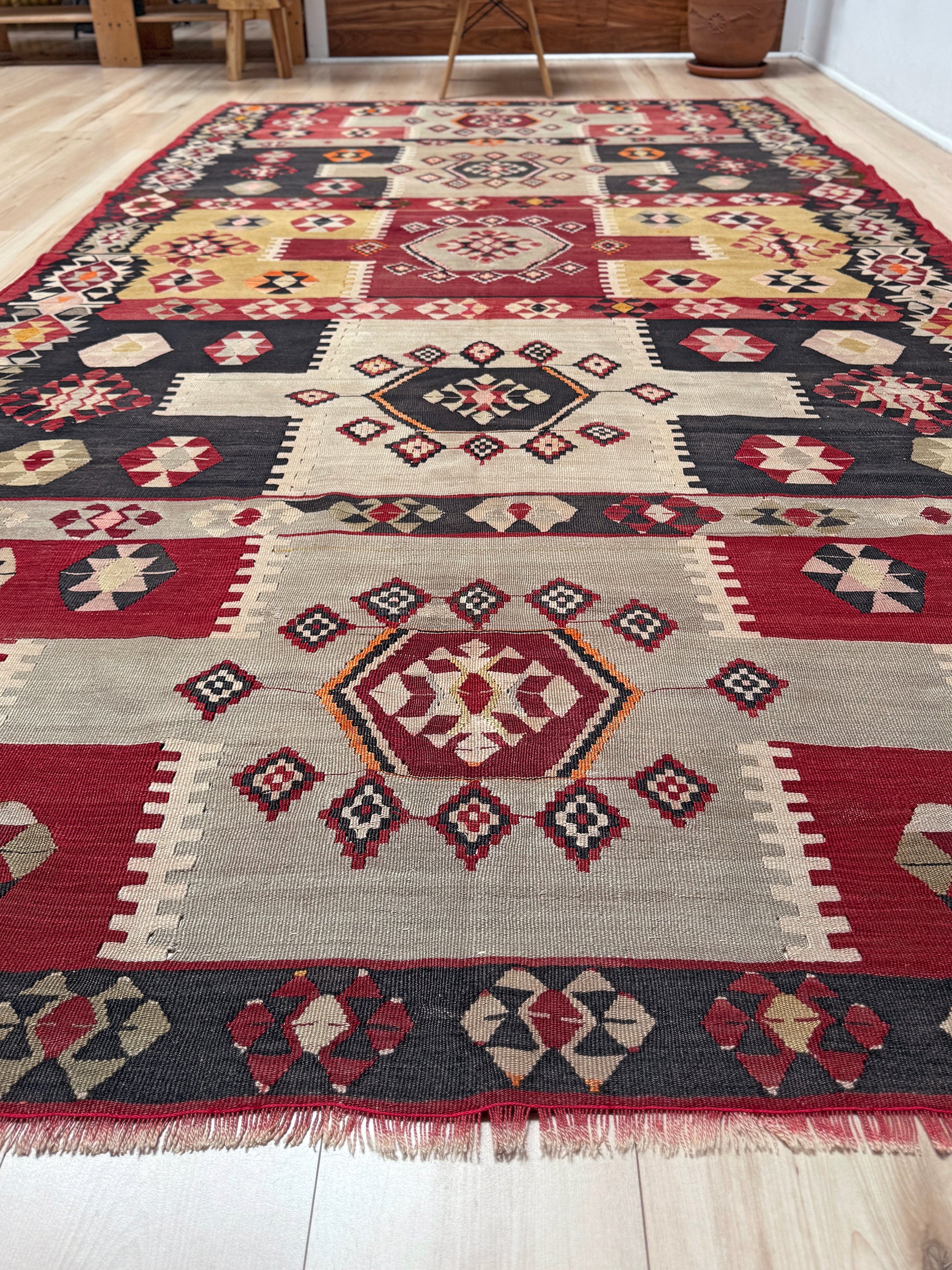 Vintage Milas Turkish kilim geometric rug  in madder red, charcoal black, handmade wool flatweave area rug 6x10 with authentic Anatolian tribal character