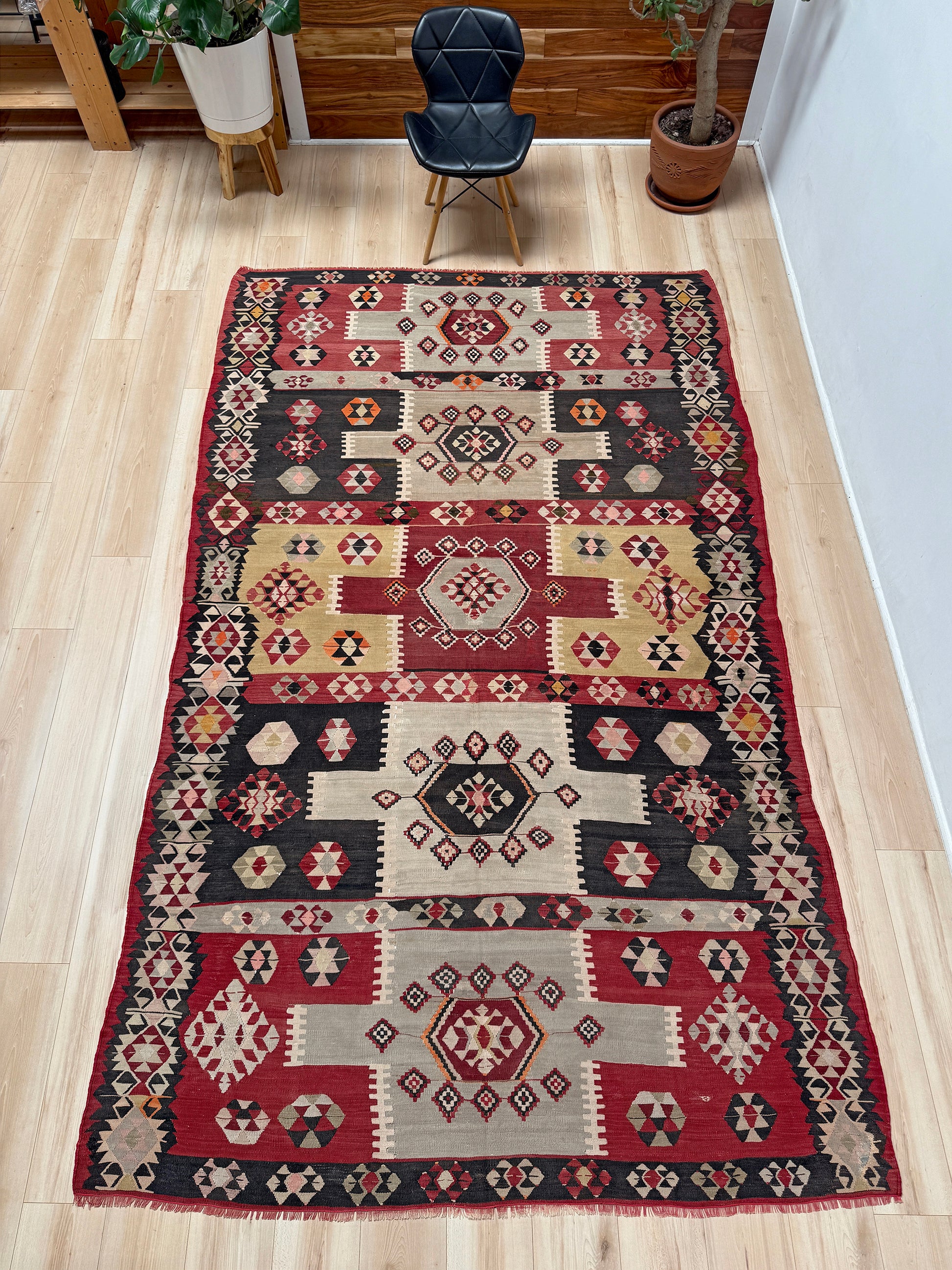 Vintage Milas Turkish kilim geometric rug  in madder red, charcoal black, handmade wool flatweave area rug 6x10 with authentic Anatolian tribal character