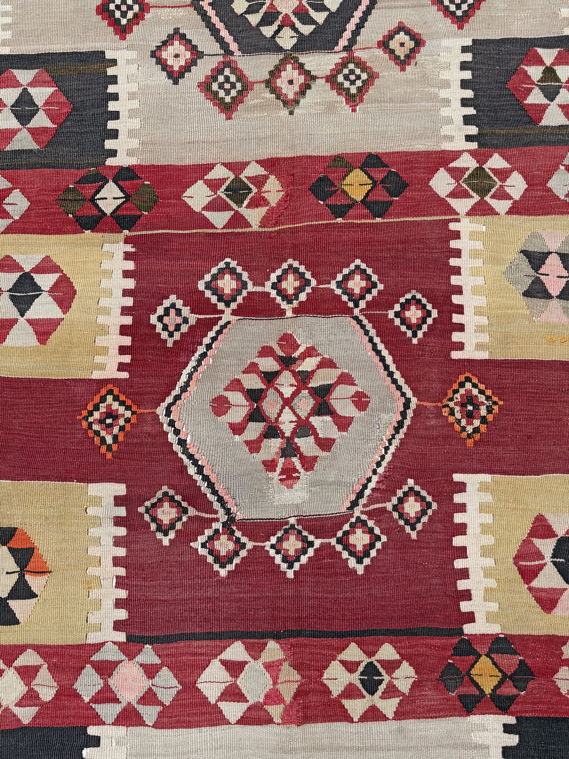 Vintage Milas Turkish kilim geometric rug  in madder red, charcoal black, handmade wool flatweave area rug 6x10 with authentic Anatolian tribal character