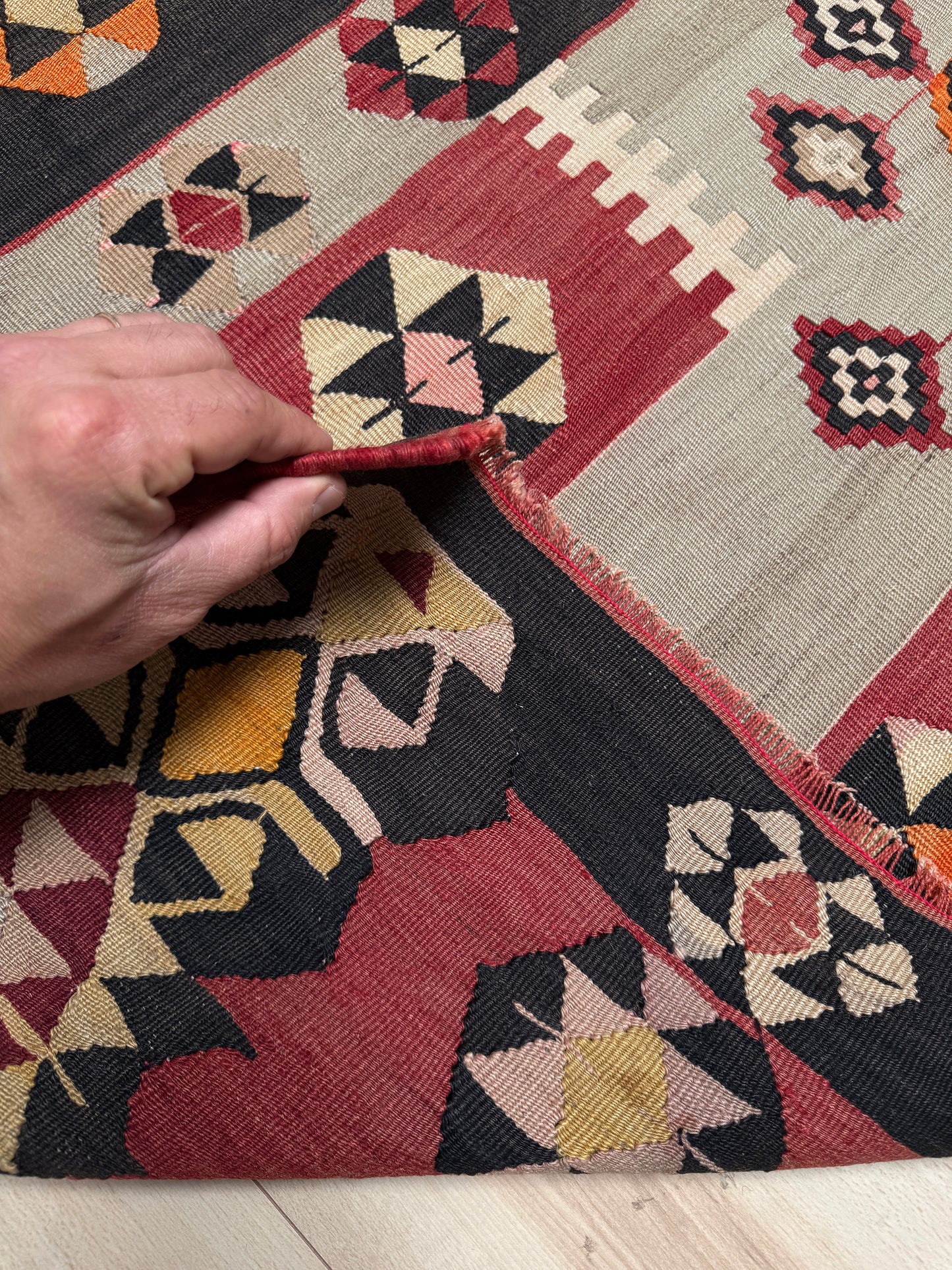 Vintage Milas Turkish kilim geometric rug  in madder red, charcoal black, handmade wool flatweave area rug 6x10 with authentic Anatolian tribal character