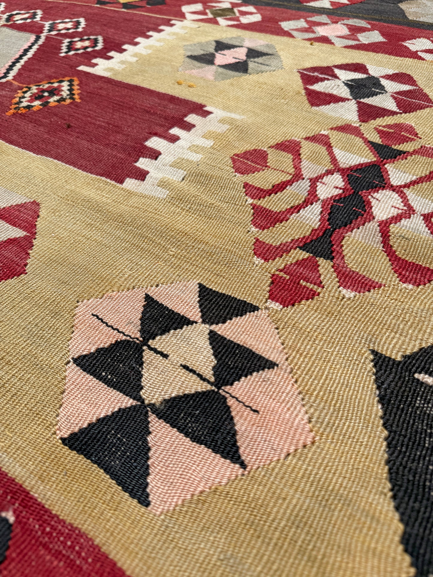 Vintage Milas Turkish kilim geometric rug  in madder red, charcoal black, handmade wool flatweave area rug 6x10 with authentic Anatolian tribal character