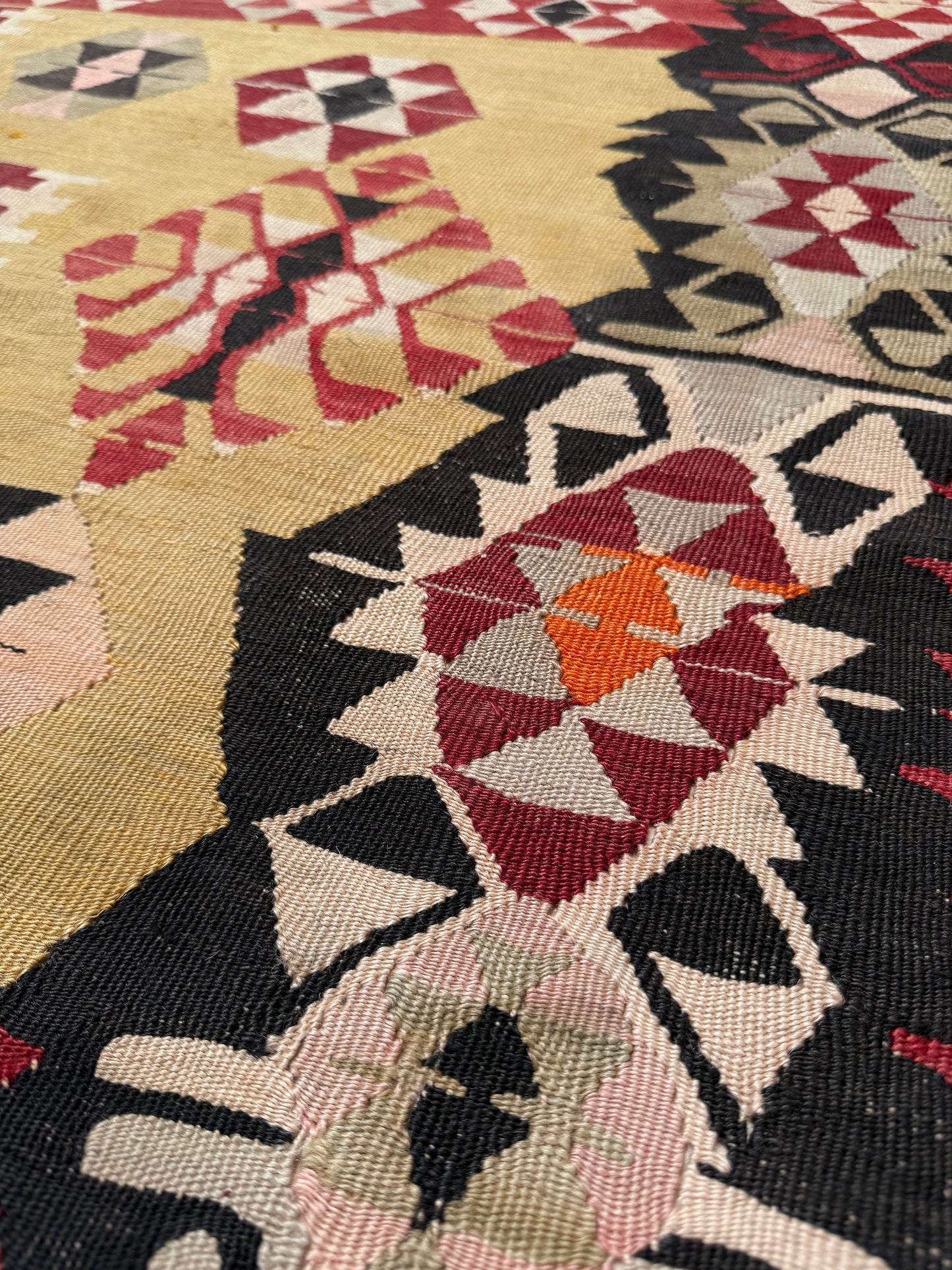 Vintage Milas Turkish kilim geometric rug  in madder red, charcoal black, handmade wool flatweave area rug 6x10 with authentic Anatolian tribal character