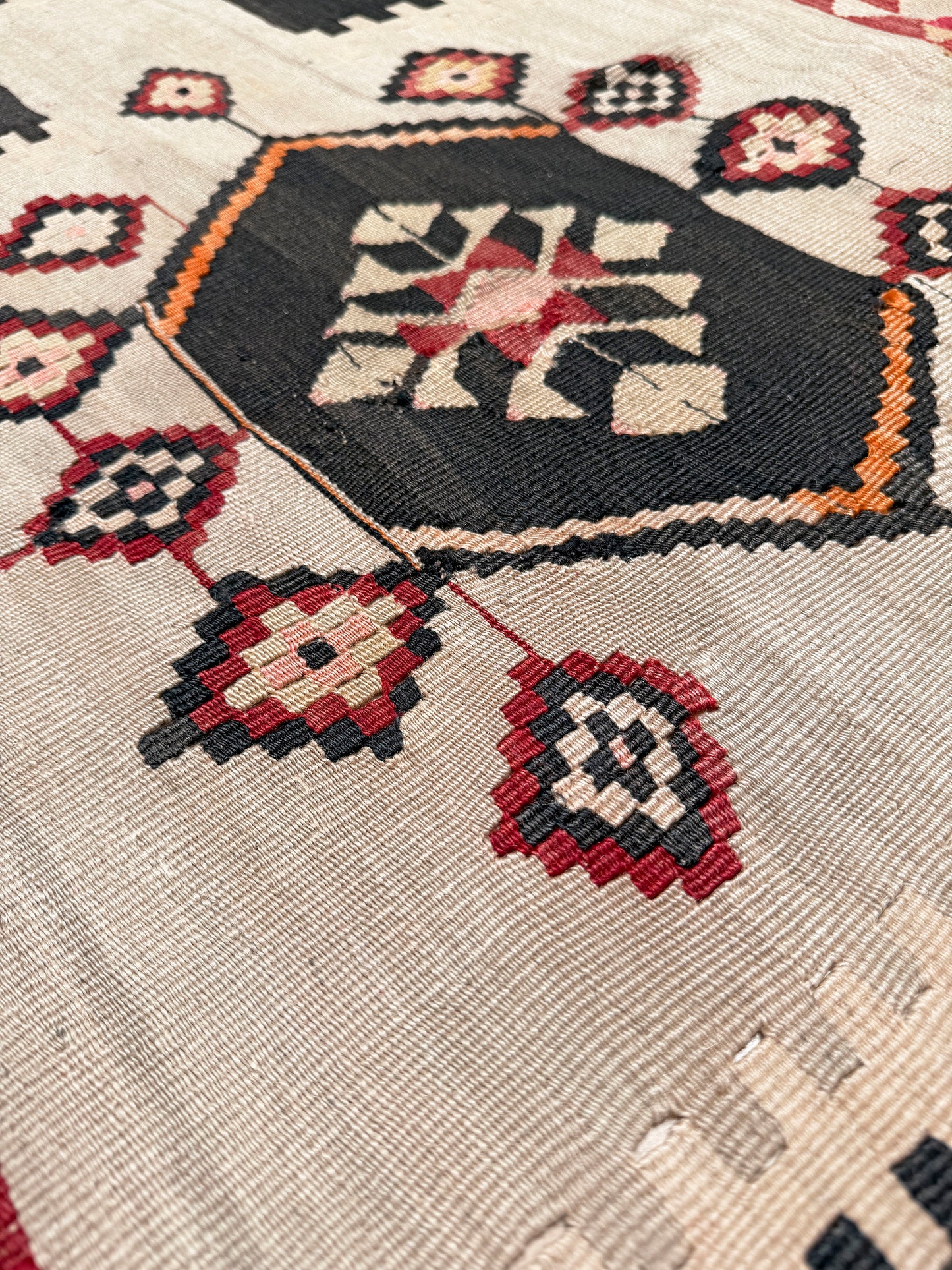 Vintage Milas Turkish kilim geometric rug  in madder red, charcoal black, handmade wool flatweave area rug 6x10 with authentic Anatolian tribal character