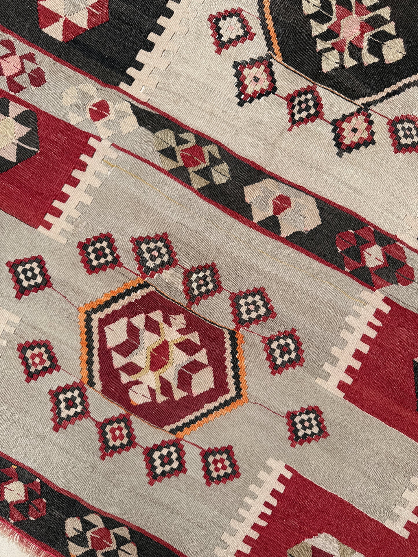 Vintage Milas Turkish kilim geometric rug  in madder red, charcoal black, handmade wool flatweave area rug 6x10 with authentic Anatolian tribal character