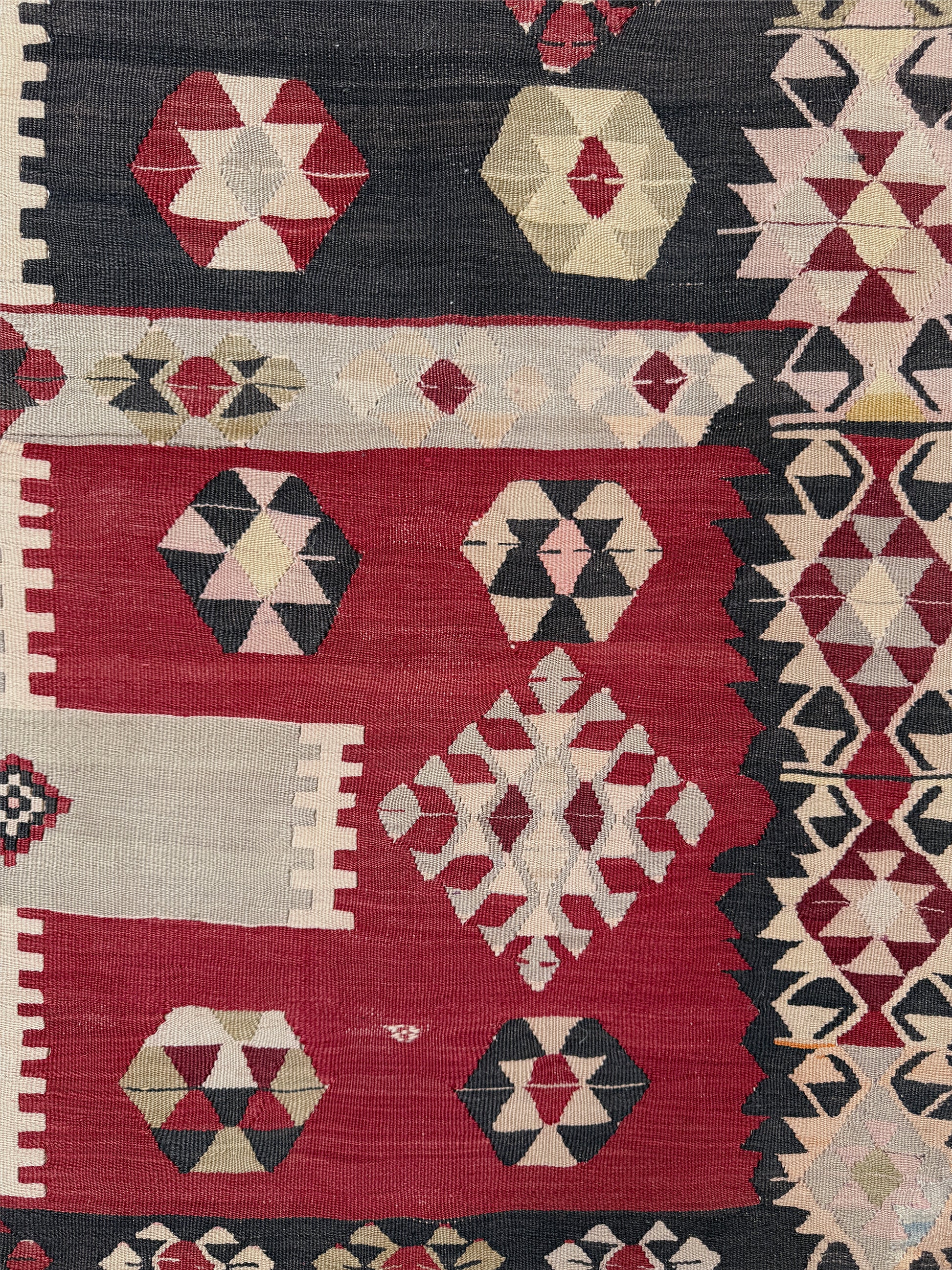 Vintage Milas Turkish kilim geometric rug  in madder red, charcoal black, handmade wool flatweave area rug 6x10 with authentic Anatolian tribal character
