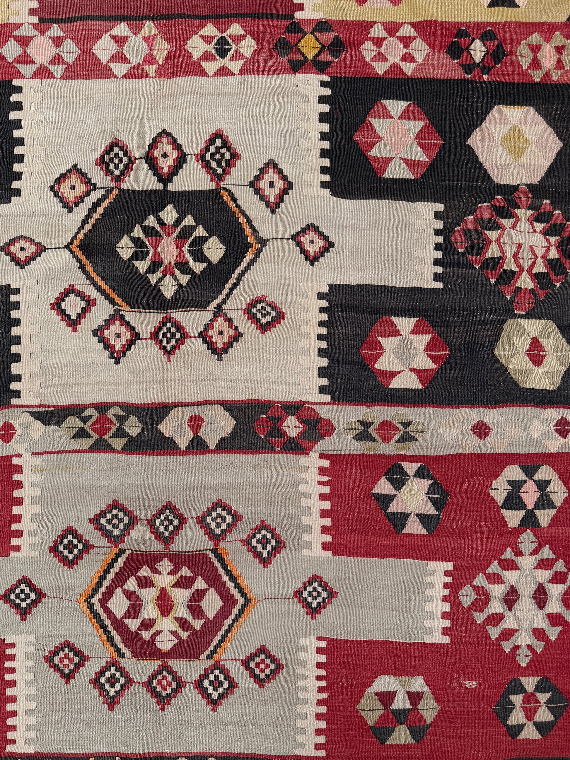 Vintage Milas Turkish kilim geometric rug  in madder red, charcoal black, handmade wool flatweave area rug 6x10 with authentic Anatolian tribal character