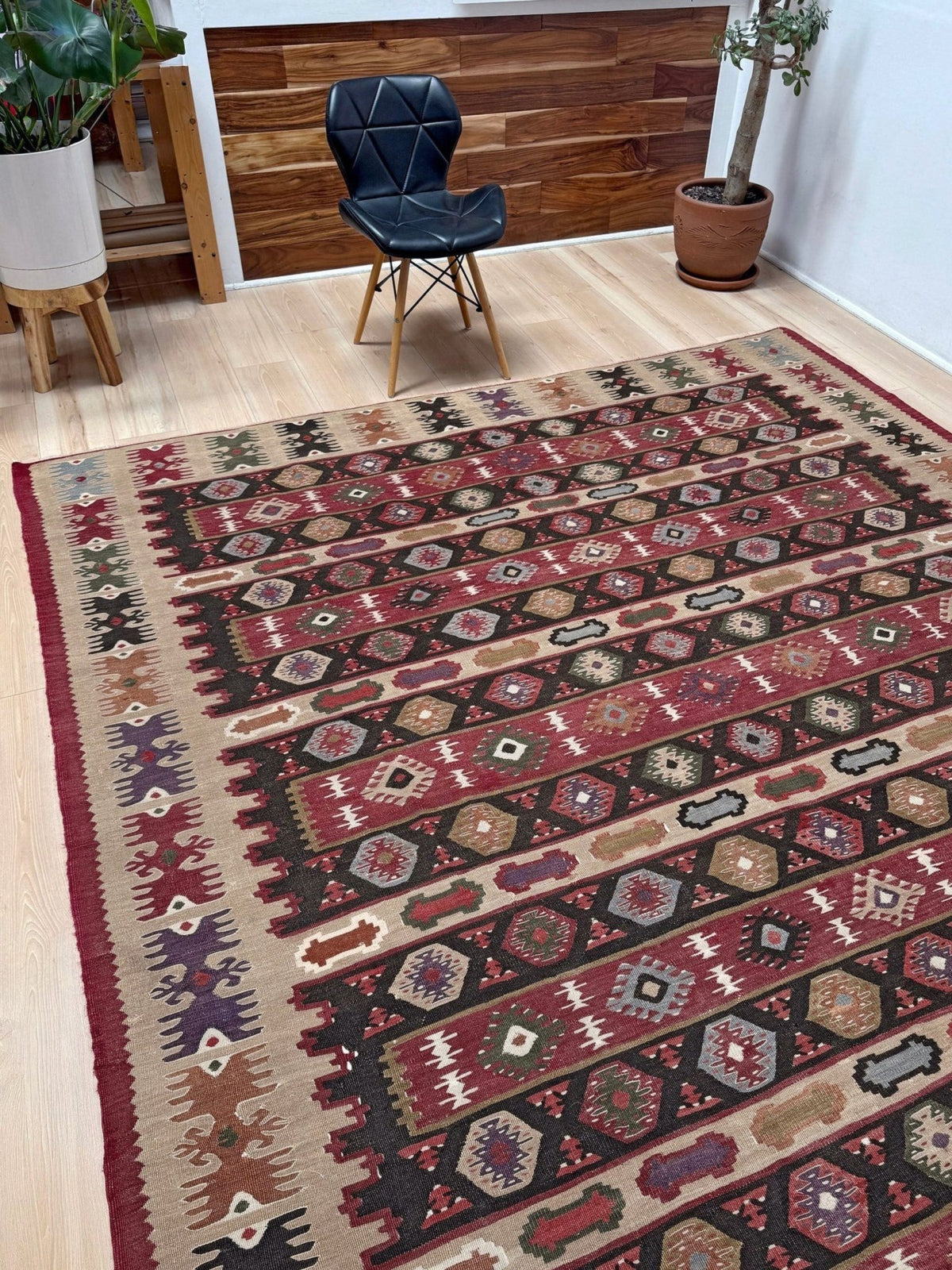 Handmade vintage Pirot Sharkoy kilim rug from the Balkans, square approx. 8x10, with garnet red geometric bands, ivory tribal border, and charcoal, sage, and dusty blue motifs.
