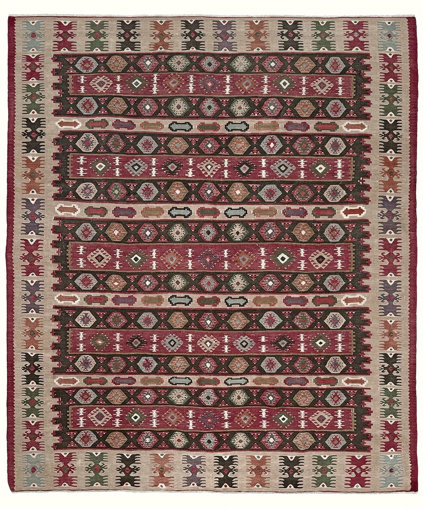 Handmade vintage Pirot Sharkoy kilim rug from the Balkans, approx. 8x10, with garnet red geometric bands, ivory tribal border, and charcoal, sage, and dusty blue motifs.