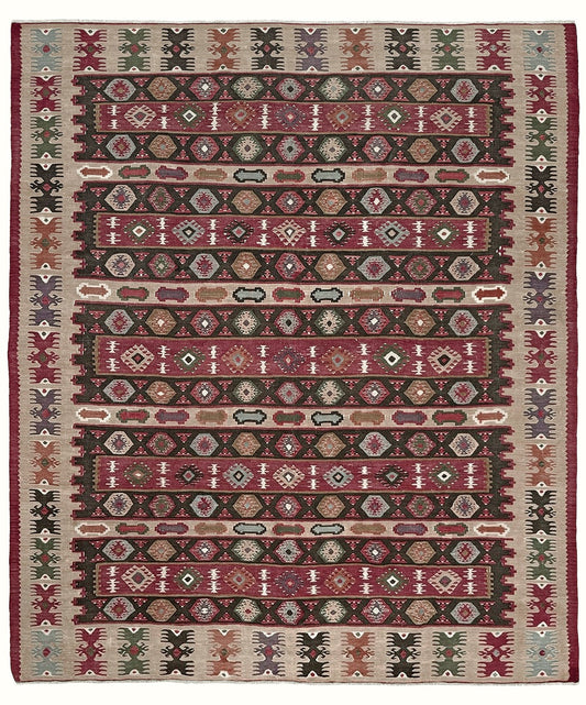 Handmade vintage Pirot Sharkoy kilim rug from the Balkans, approx. 8x10, with garnet red geometric bands, ivory tribal border, and charcoal, sage, and dusty blue motifs.