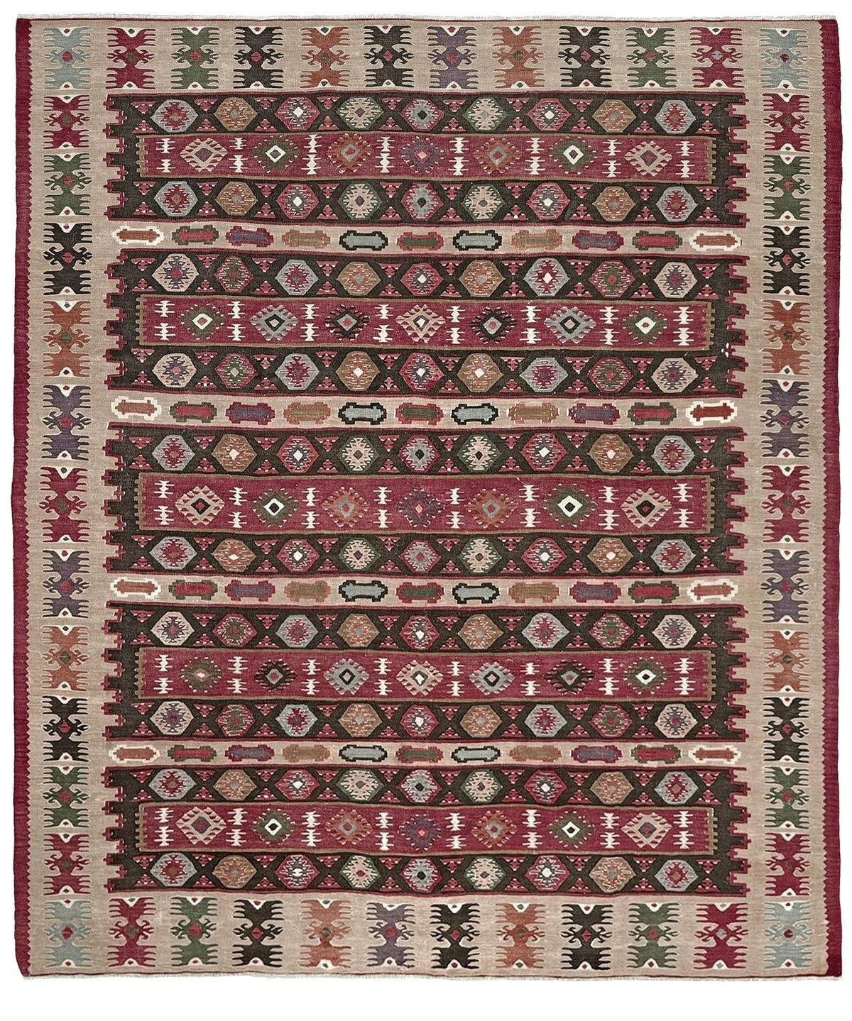Handmade vintage Pirot Sharkoy kilim rug from the Balkans, approx. 8x10, with garnet red geometric bands, ivory tribal border, and charcoal, sage, and dusty blue motifs.