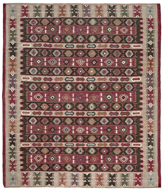 Handmade vintage Pirot Sharkoy kilim rug from the Balkans, approx. 8x10, with garnet red geometric bands, ivory tribal border, and charcoal, sage, and dusty blue motifs.