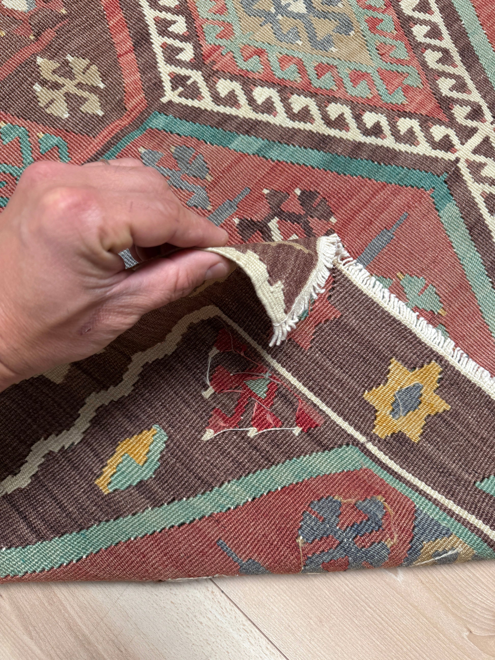 Vintage Kayseri Turkish kilim rug with earthy colors and geometric design, handmade wool flatweave 5x11 from Indigo Rugs Burlingame Bay Area.
