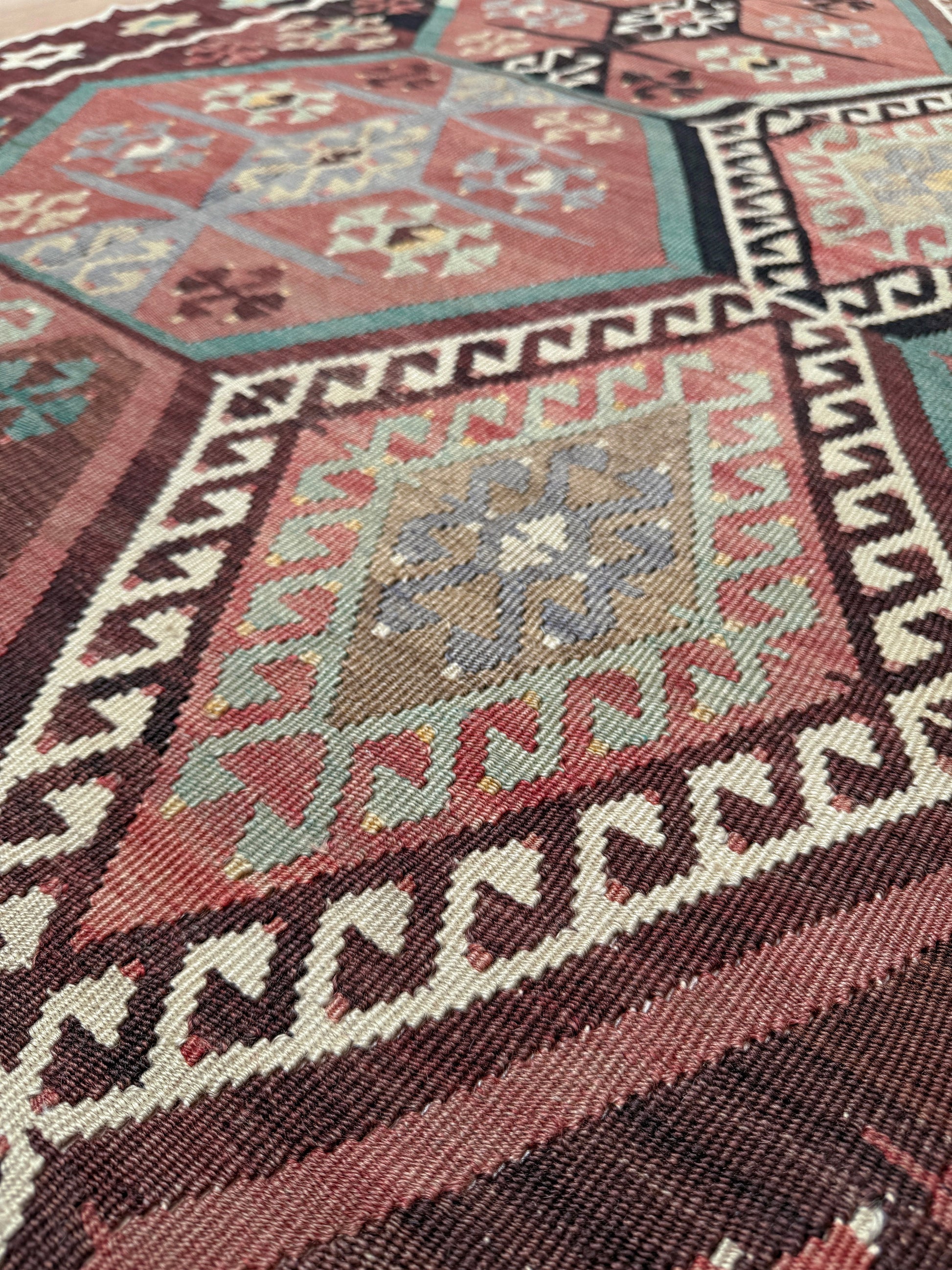 Vintage Kayseri Turkish kilim rug with earthy colors and geometric design, handmade wool flatweave 5x11 from Indigo Rugs Burlingame Bay Area.