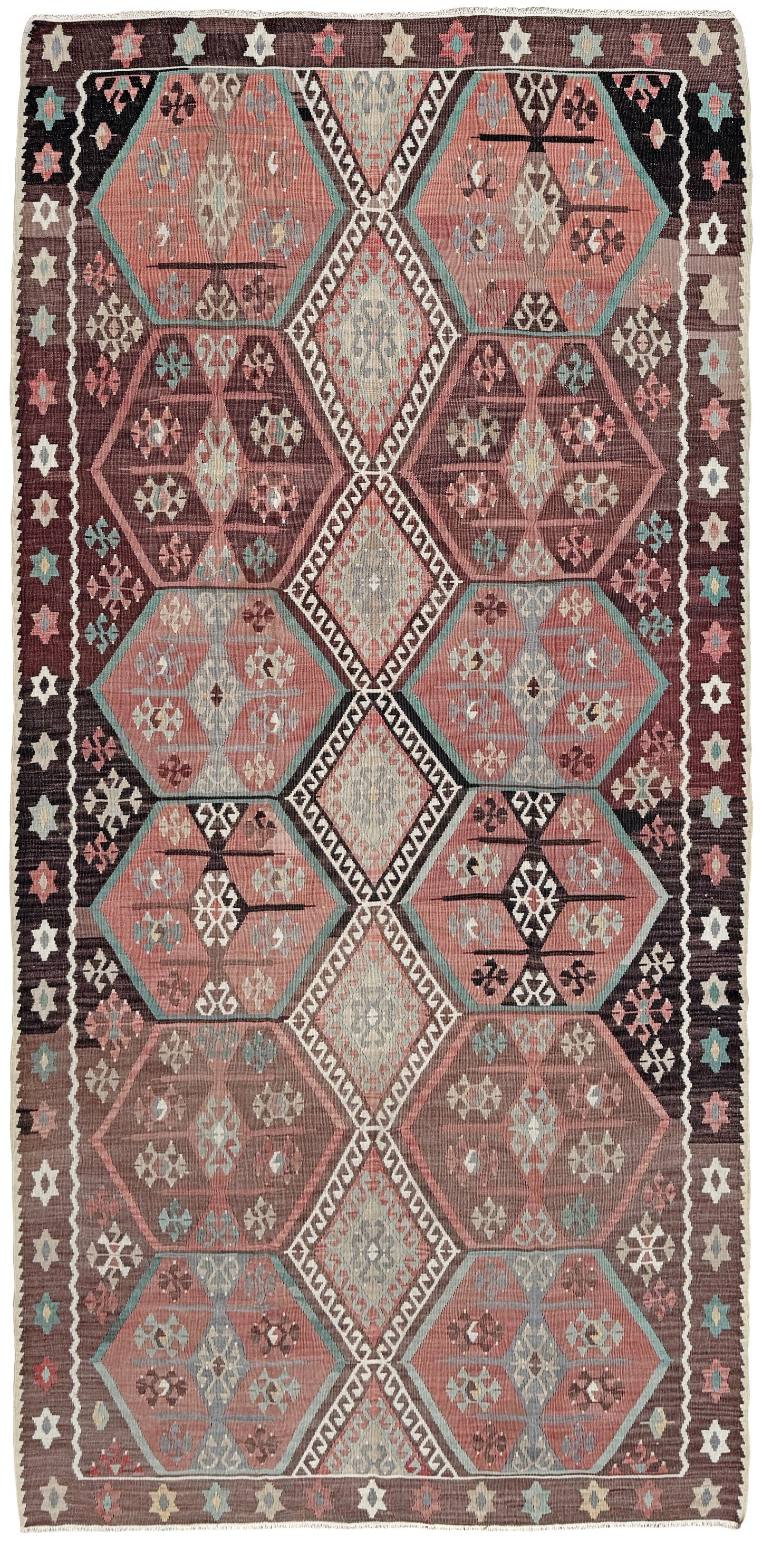 Vintage Kayseri Turkish kilim rug with earthy colors and blue-gray geometric medallions, handmade wool flatweave 5x11 from Indigo Rugs Burlingame Bay Area.
