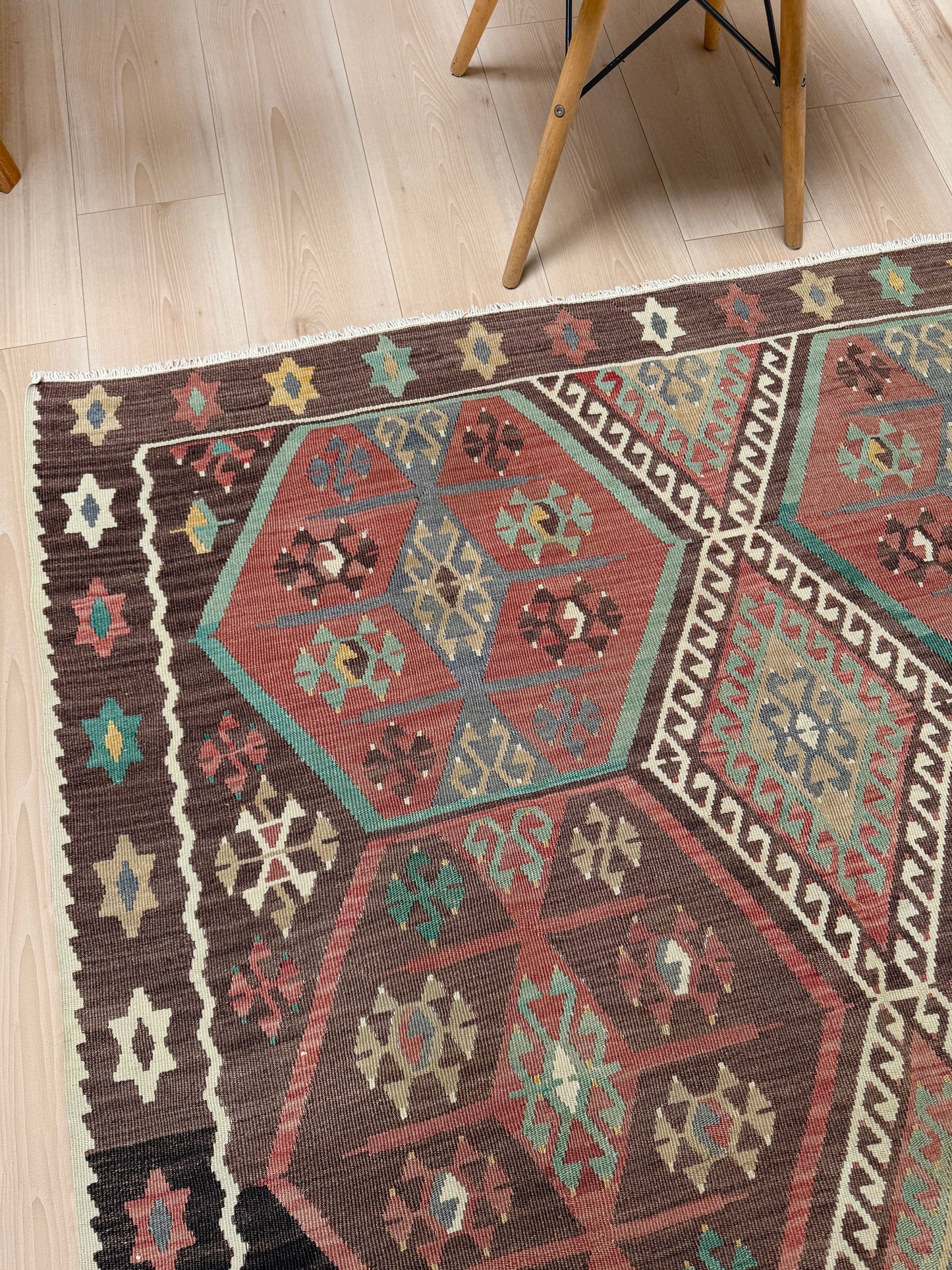 Vintage Kayseri Turkish kilim rug with earthy colors and geometric design, handmade wool flatweave 5x11 from Indigo Rugs Burlingame Bay Area.