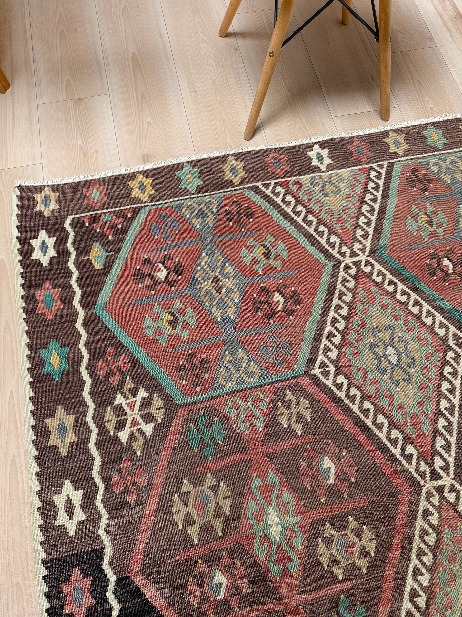 Vintage Kayseri Turkish kilim rug with earthy colors and geometric design, handmade wool flatweave 5x11 from Indigo Rugs Burlingame Bay Area.