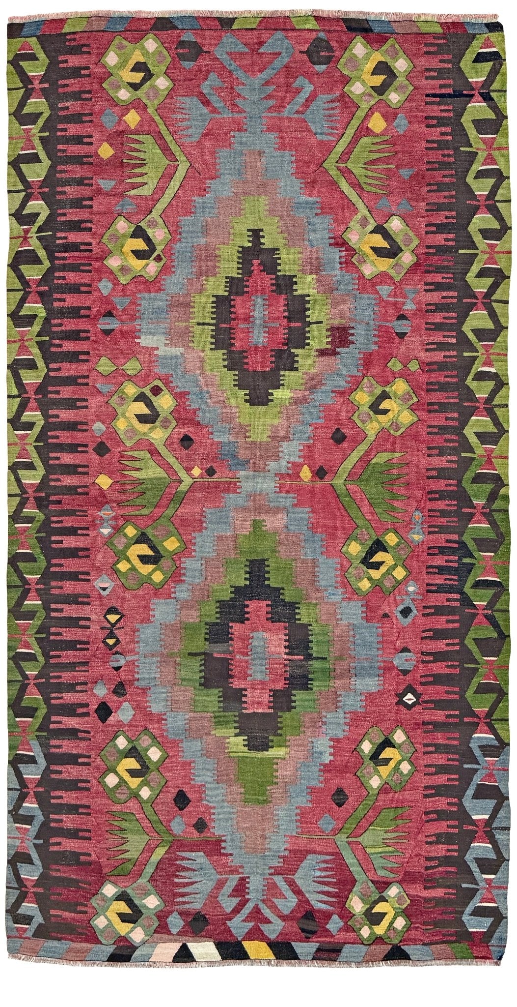 Vintage Esme Turkish kilim rug featuring in madder red, olive green colors, geometric medallions, handmade Anatolian wool flatweave rug measuring 6x10 in excellent vintage condition.