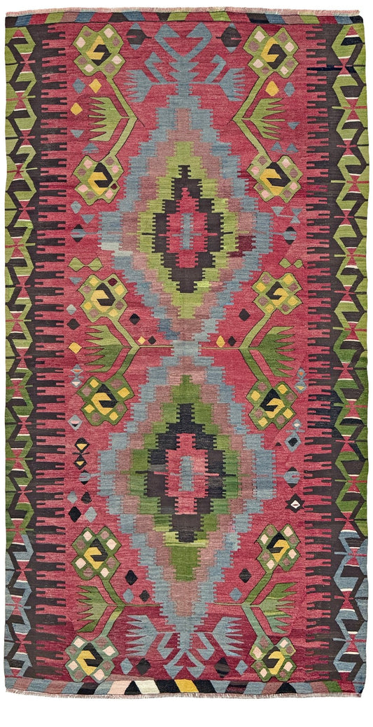 Vintage Esme Turkish kilim rug featuring in madder red, olive green colors, geometric medallions, handmade Anatolian wool flatweave rug measuring 6x10 in excellent vintage condition.