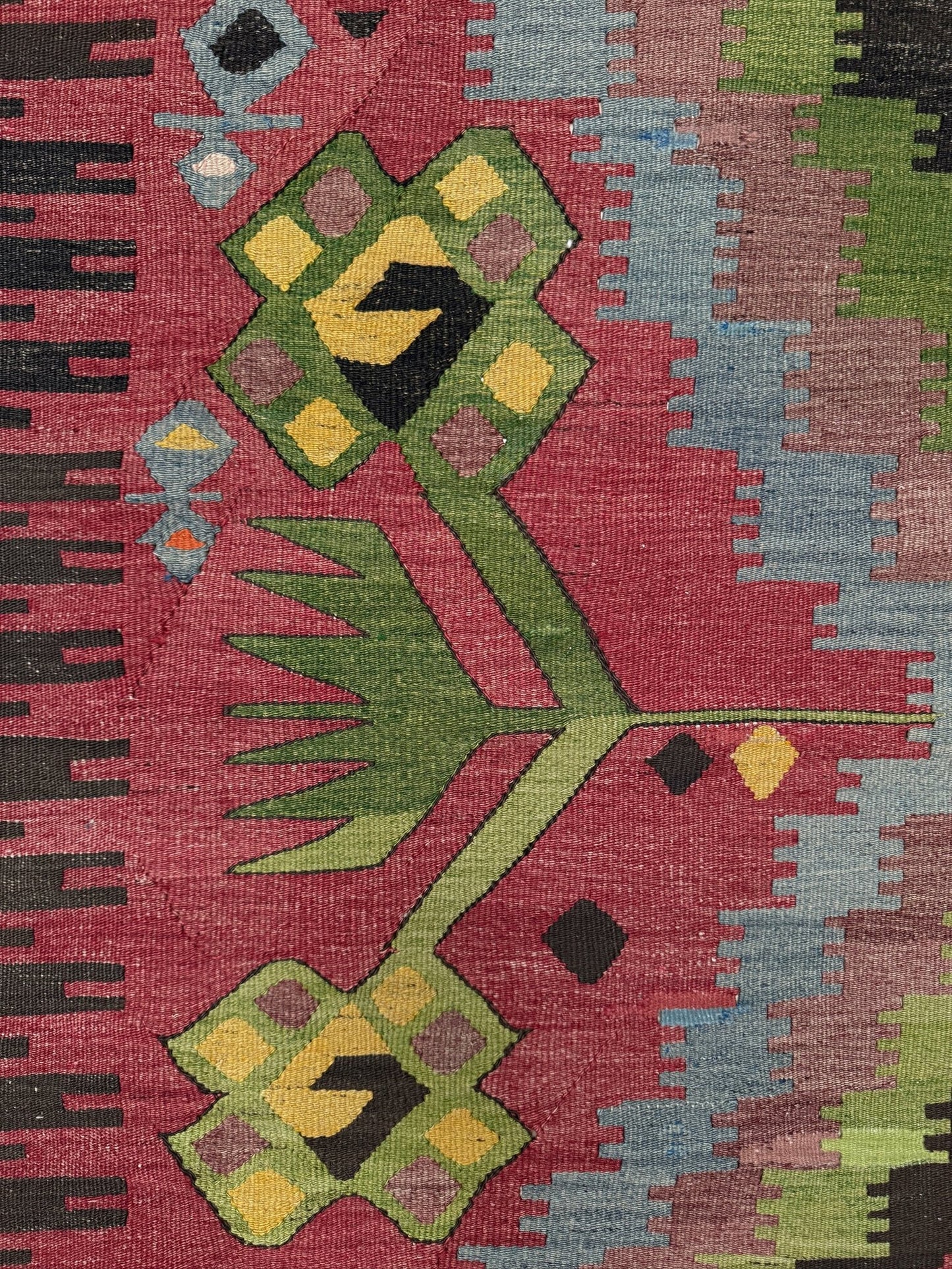 Vintage Esme Turkish kilim rug featuring in madder red, olive green colors, geometric medallions, handmade Anatolian wool flatweave rug measuring 6x10 in excellent vintage condition.