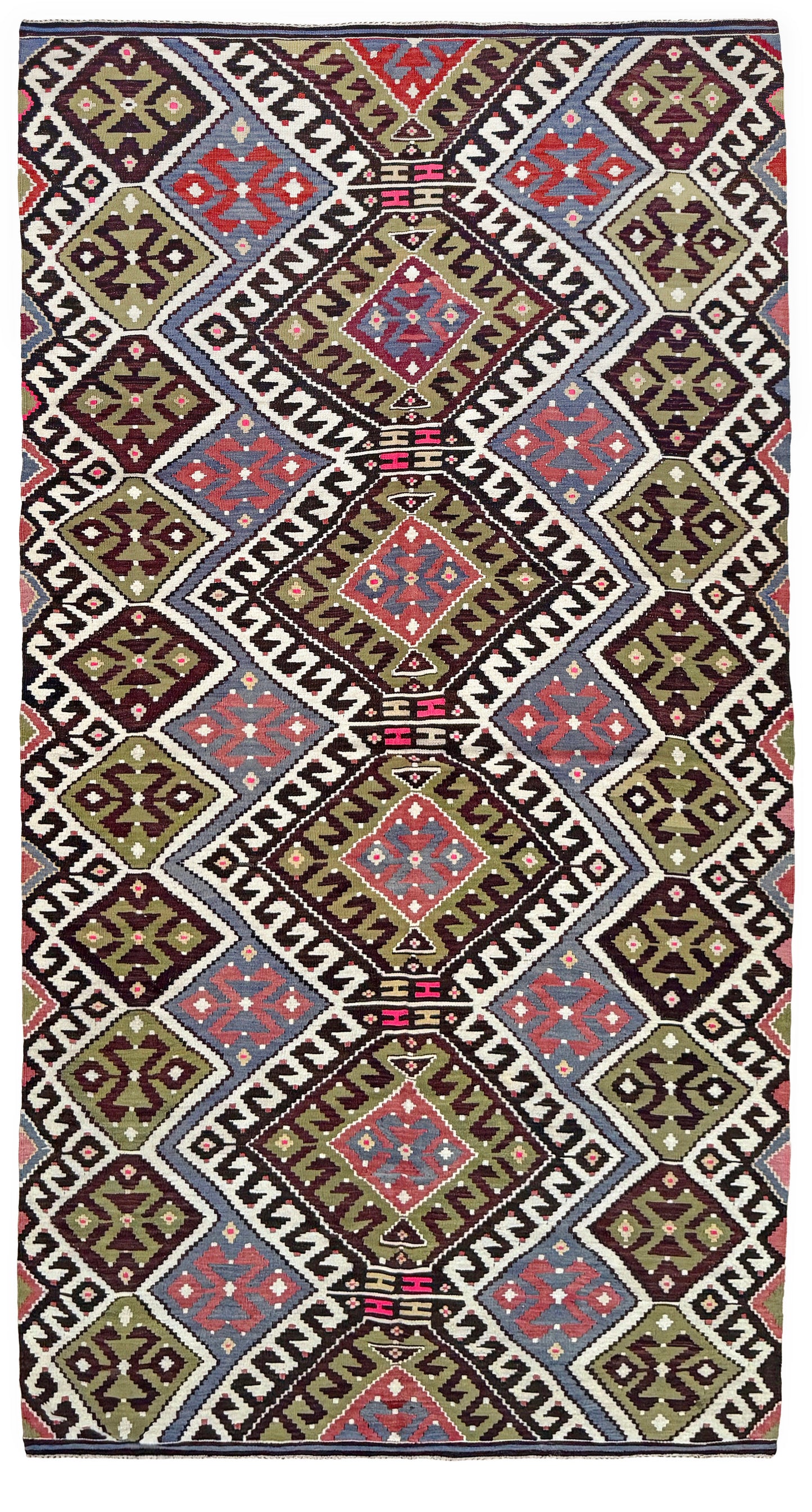Vintage Esme Turkish kilim rug with repeating diamond medallions in muted olive green, deep plum, dusty periwinkle blue, handmade wool flatweave 6x12 from Indigo Rugs Burlingame Bay Area.