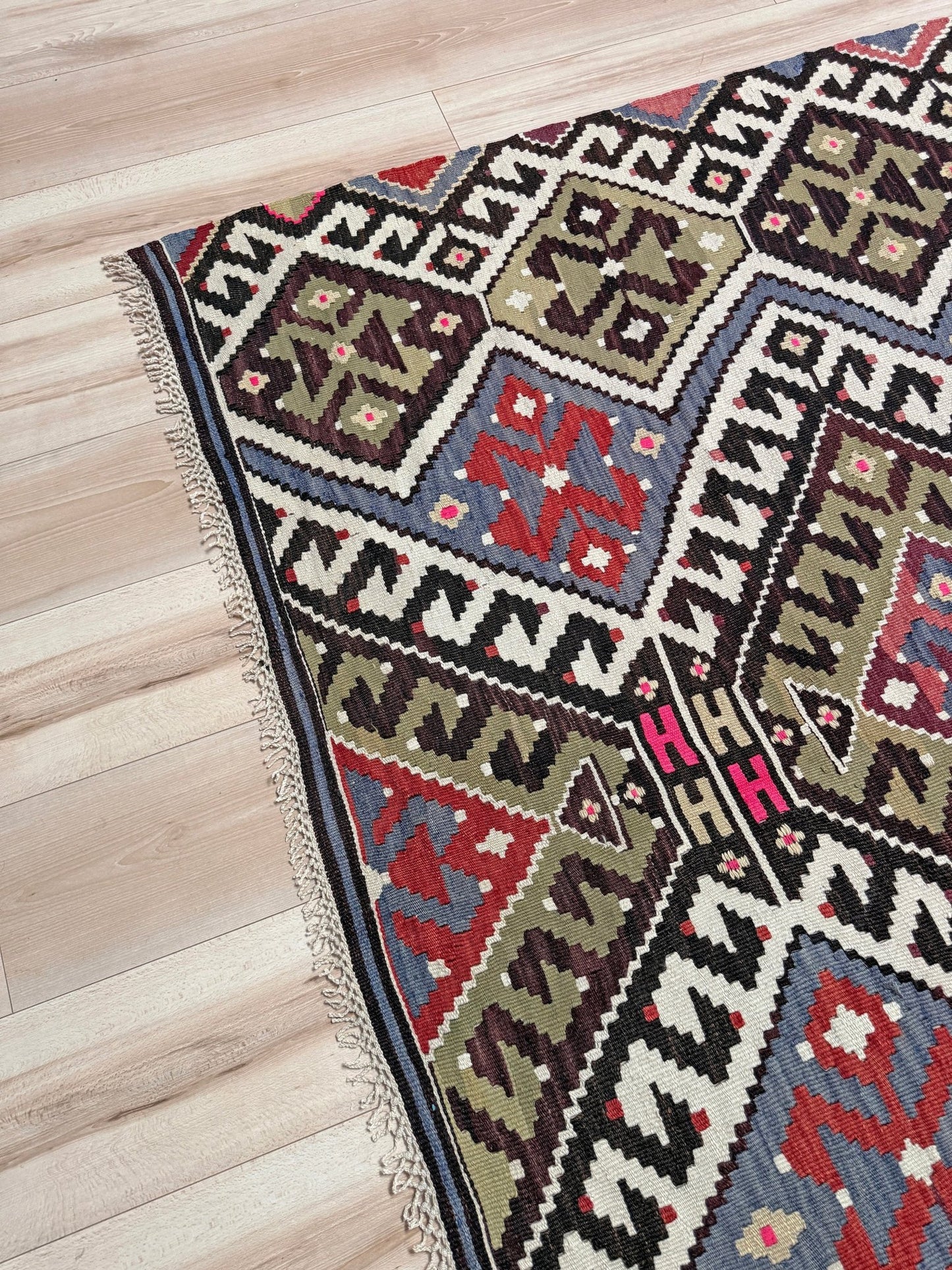 Vintage Esme Turkish kilim rug with repeating diamond medallions in muted olive green, deep plum, dusty periwinkle blue, handmade wool flatweave 6x12 from Indigo Rugs Burlingame Bay Area.