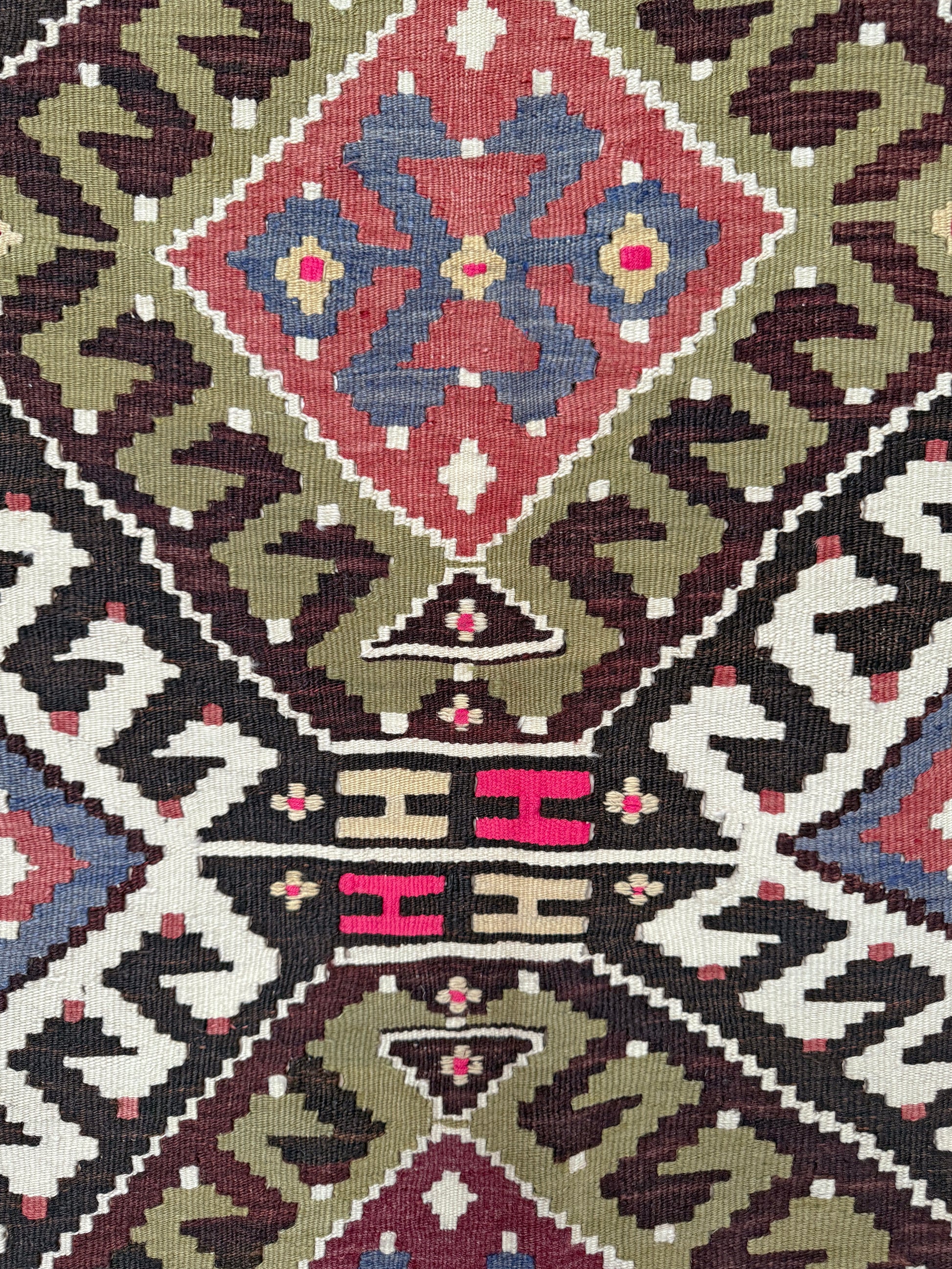 Vintage Esme Turkish kilim rug with repeating diamond medallions in muted olive green, deep plum, dusty periwinkle blue, handmade wool flatweave 6x12 from Indigo Rugs Burlingame Bay Area.