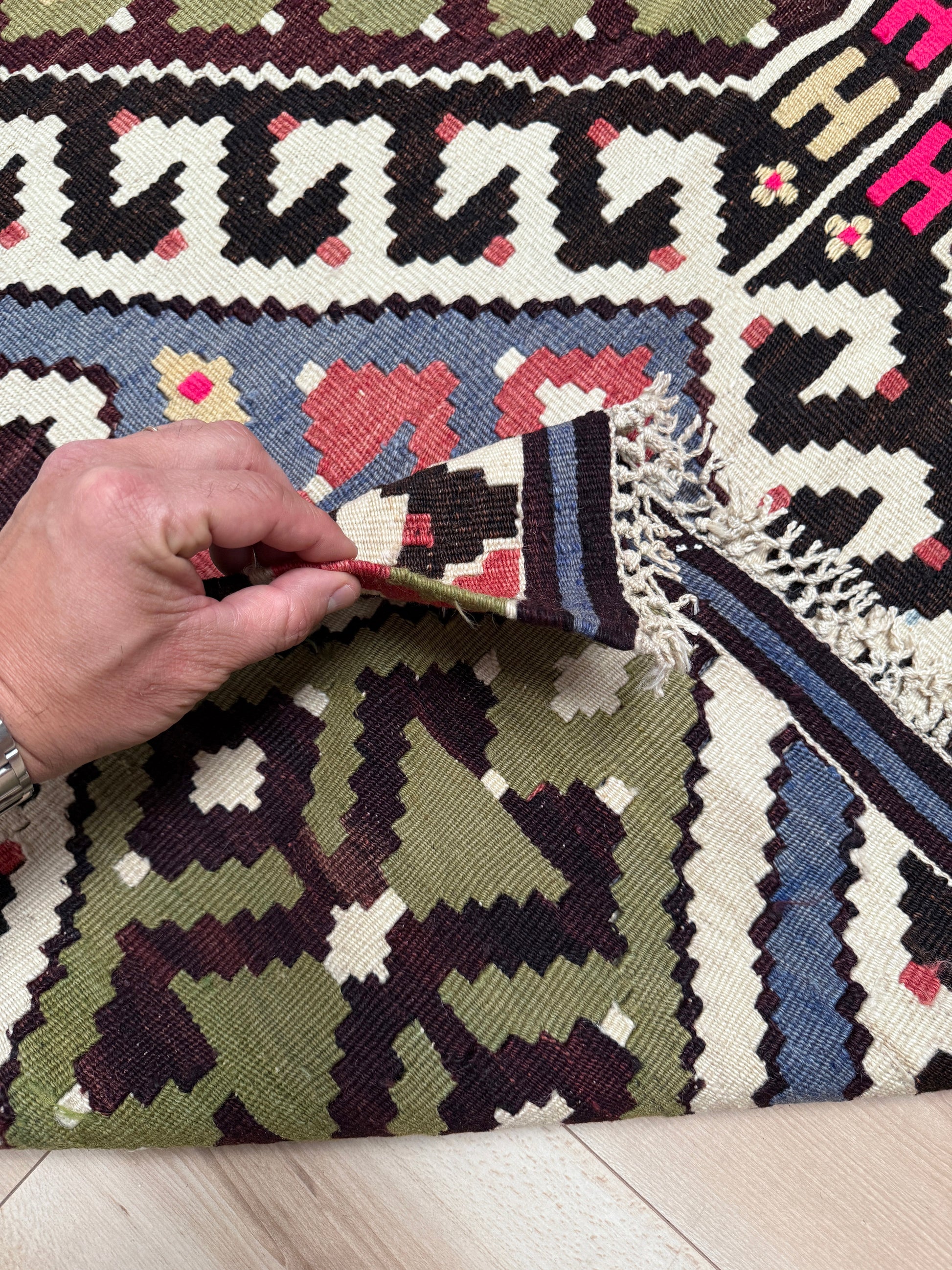 Vintage Esme Turkish kilim rug with repeating diamond medallions in muted olive green, deep plum, dusty periwinkle blue, handmade wool flatweave 6x12 from Indigo Rugs Burlingame Bay Area.