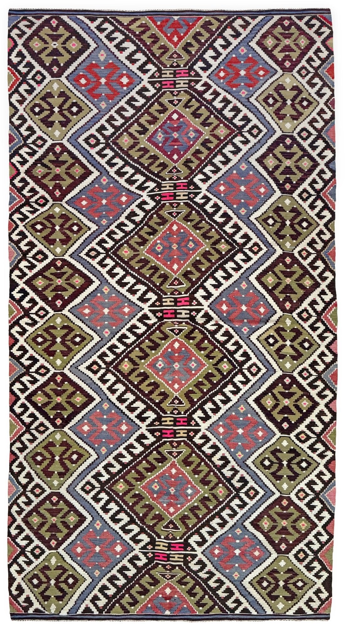 Vintage Esme Turkish kilim rug with repeating diamond medallions in muted olive green, deep plum, dusty periwinkle blue, handmade wool flatweave 6x12 from Indigo Rugs Burlingame Bay Area.