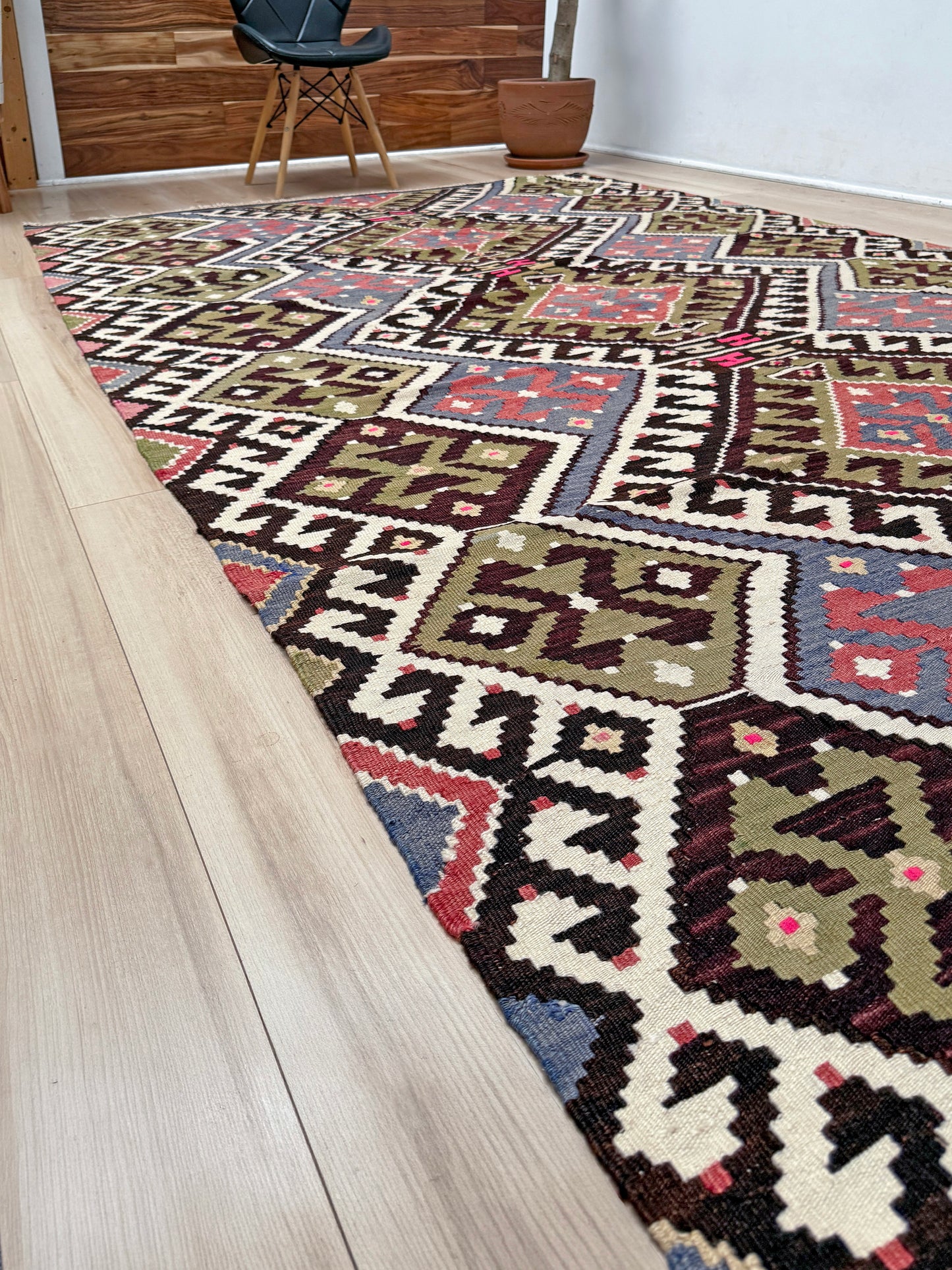 Vintage Esme Turkish kilim rug with repeating diamond medallions in muted olive green, deep plum, dusty periwinkle blue, handmade wool flatweave 6x12 from Indigo Rugs Burlingame Bay Area.