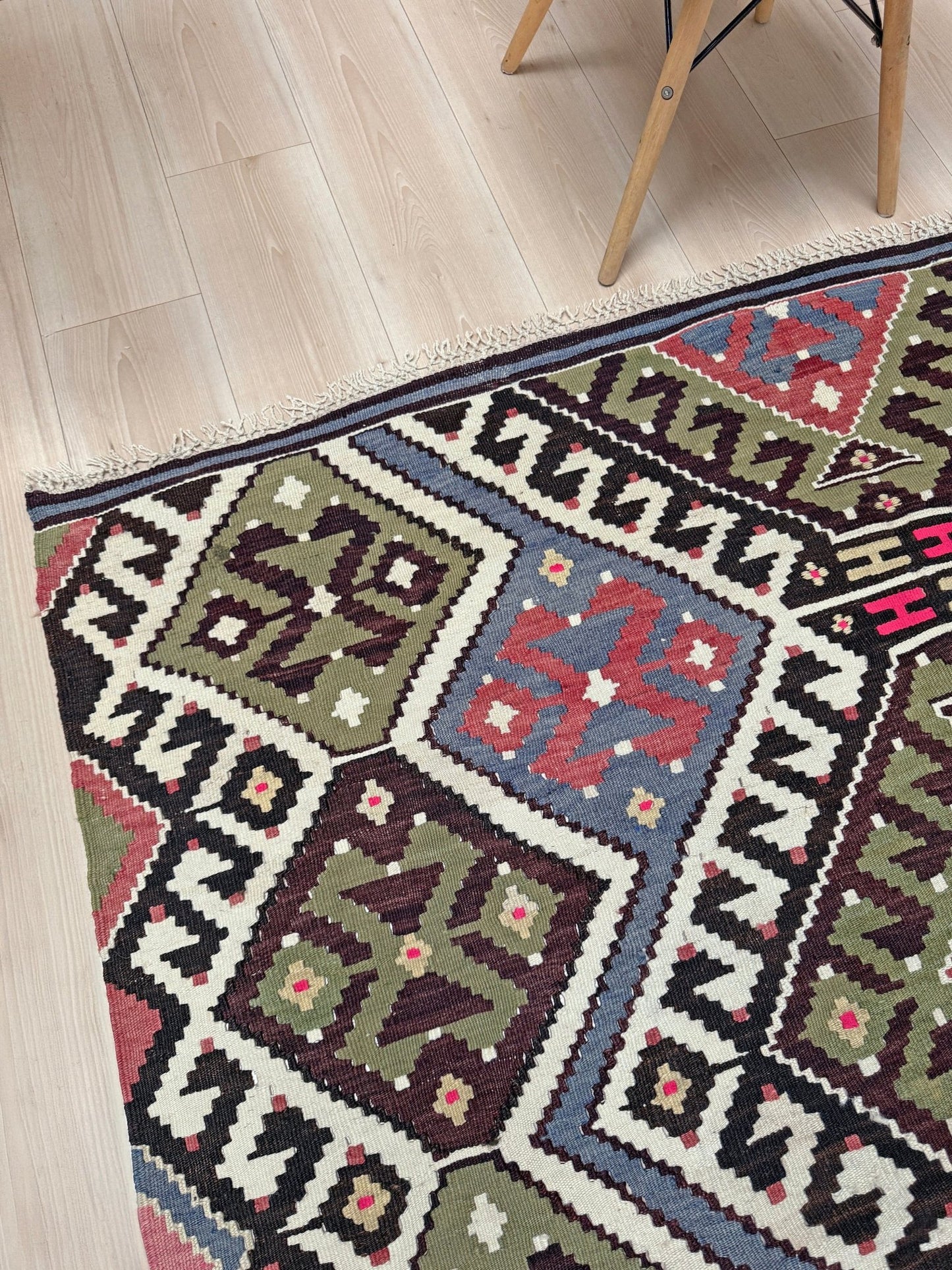 Vintage Esme Turkish kilim rug with repeating diamond medallions in muted olive green, deep plum, dusty periwinkle blue, handmade wool flatweave 6x12 from Indigo Rugs Burlingame Bay Area.