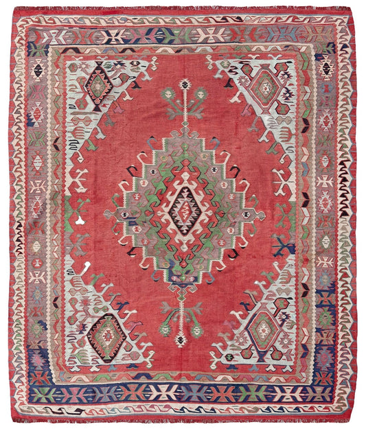 8x10 vintage Turkish Oushak kilim rug with a dusty rose field, geometric tribal medallion, and soft sage, mint, and blue accents — handmade flatweave wool rug from the 1940s