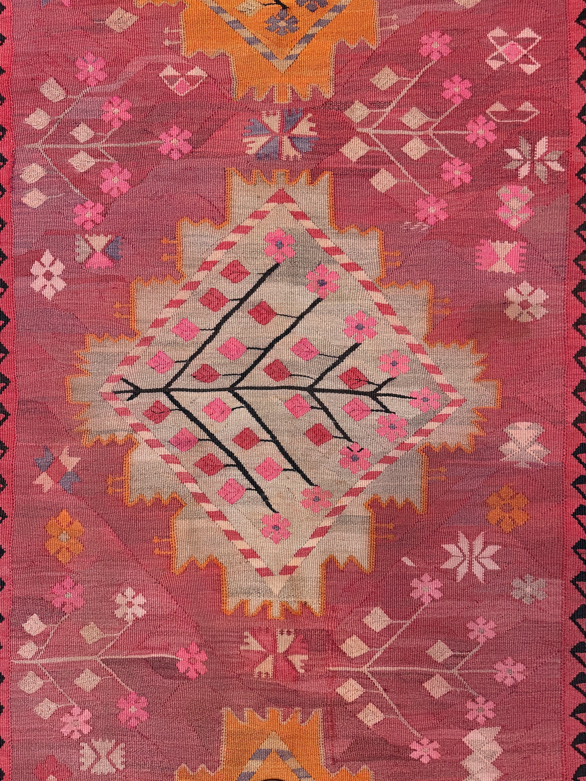 Vintage Kars Turkish kilim rug in dusty pink, warm apricot orange, handwoven from Anatolian wool 5x10. 