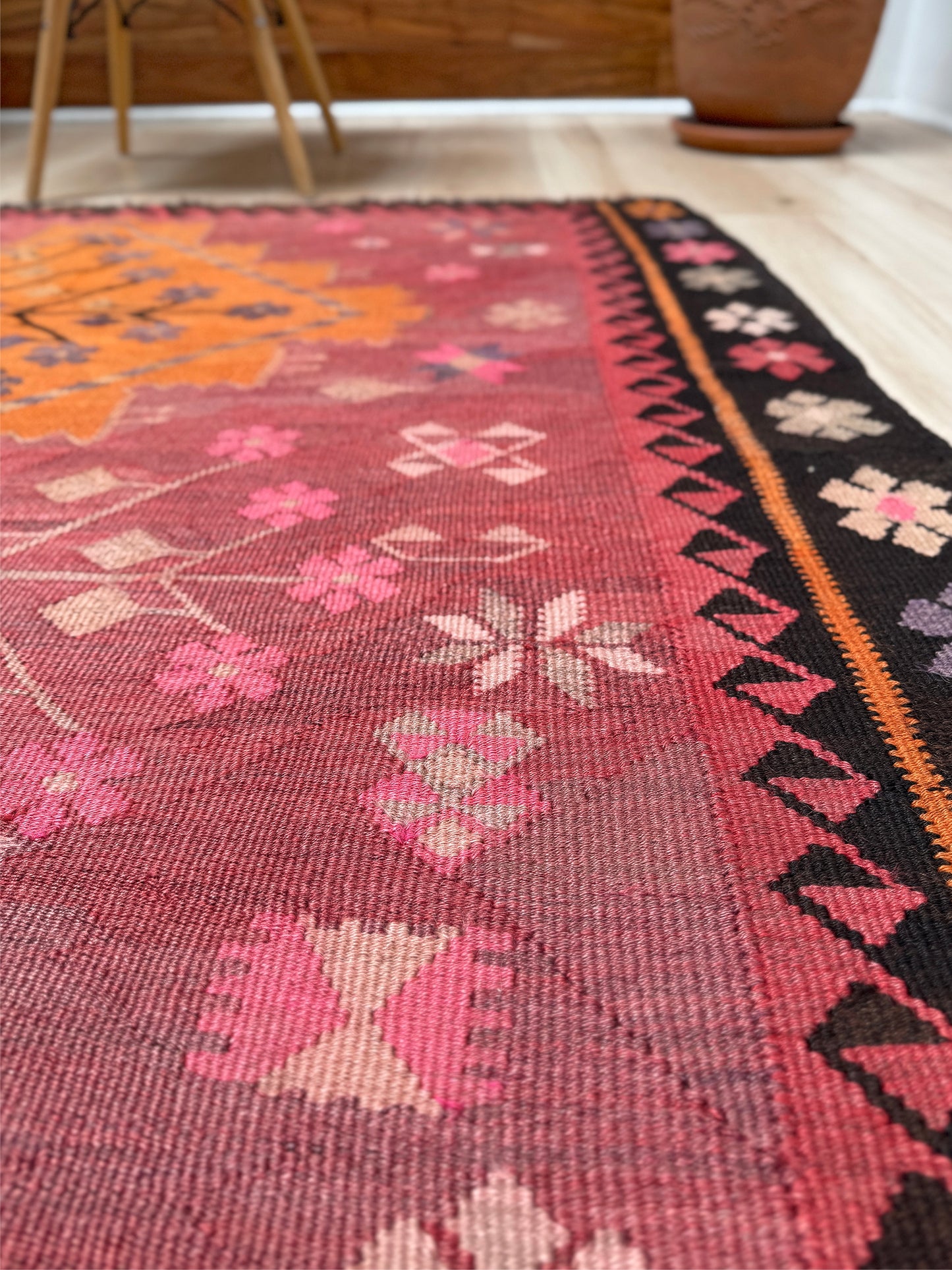 Vintage Kars Turkish kilim rug in dusty pink, warm apricot orange, handwoven from Anatolian wool 5x10. 