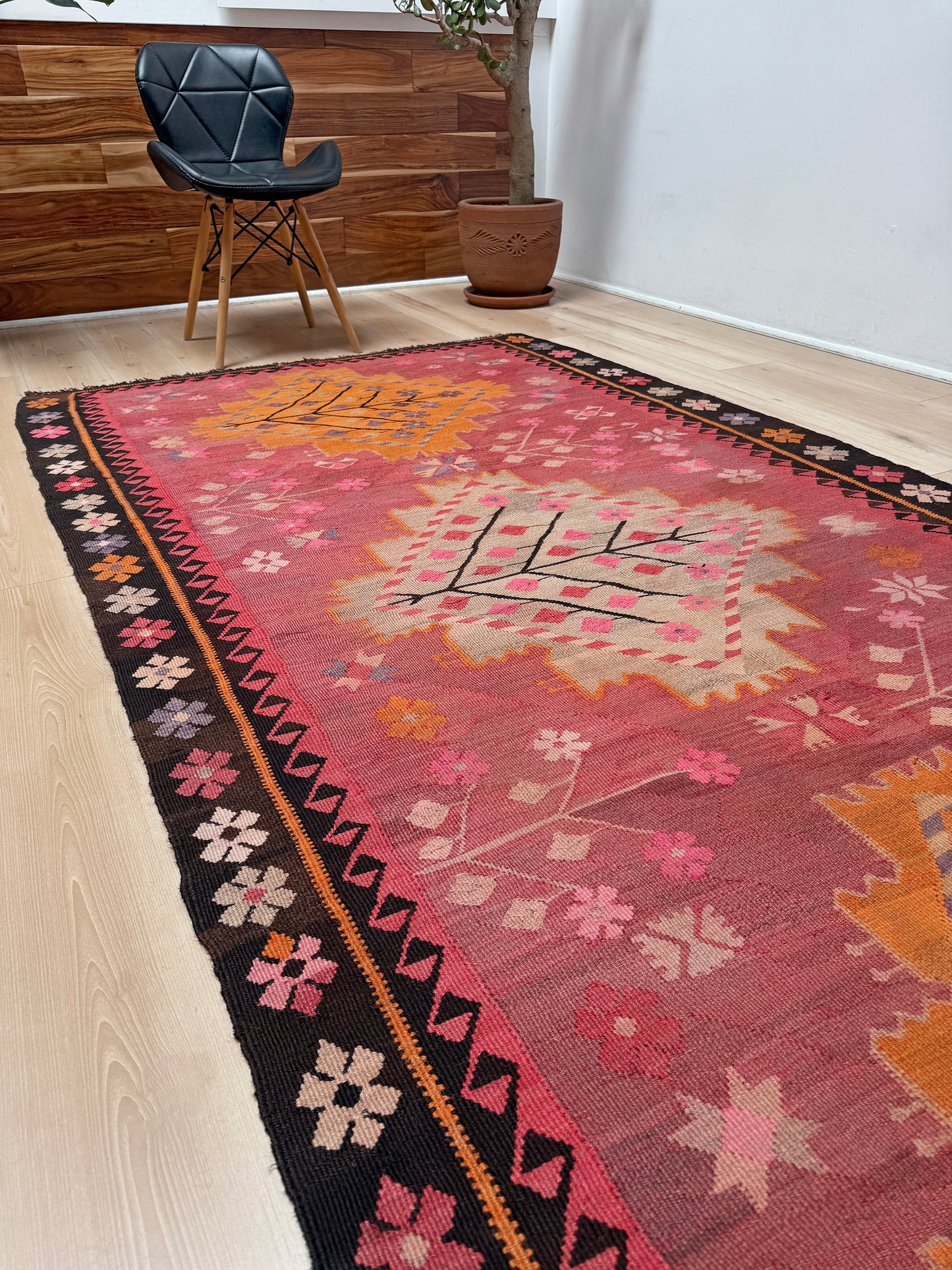Vintage Kars Turkish kilim rug in dusty pink, warm apricot orange, handwoven from Anatolian wool 5x10. 