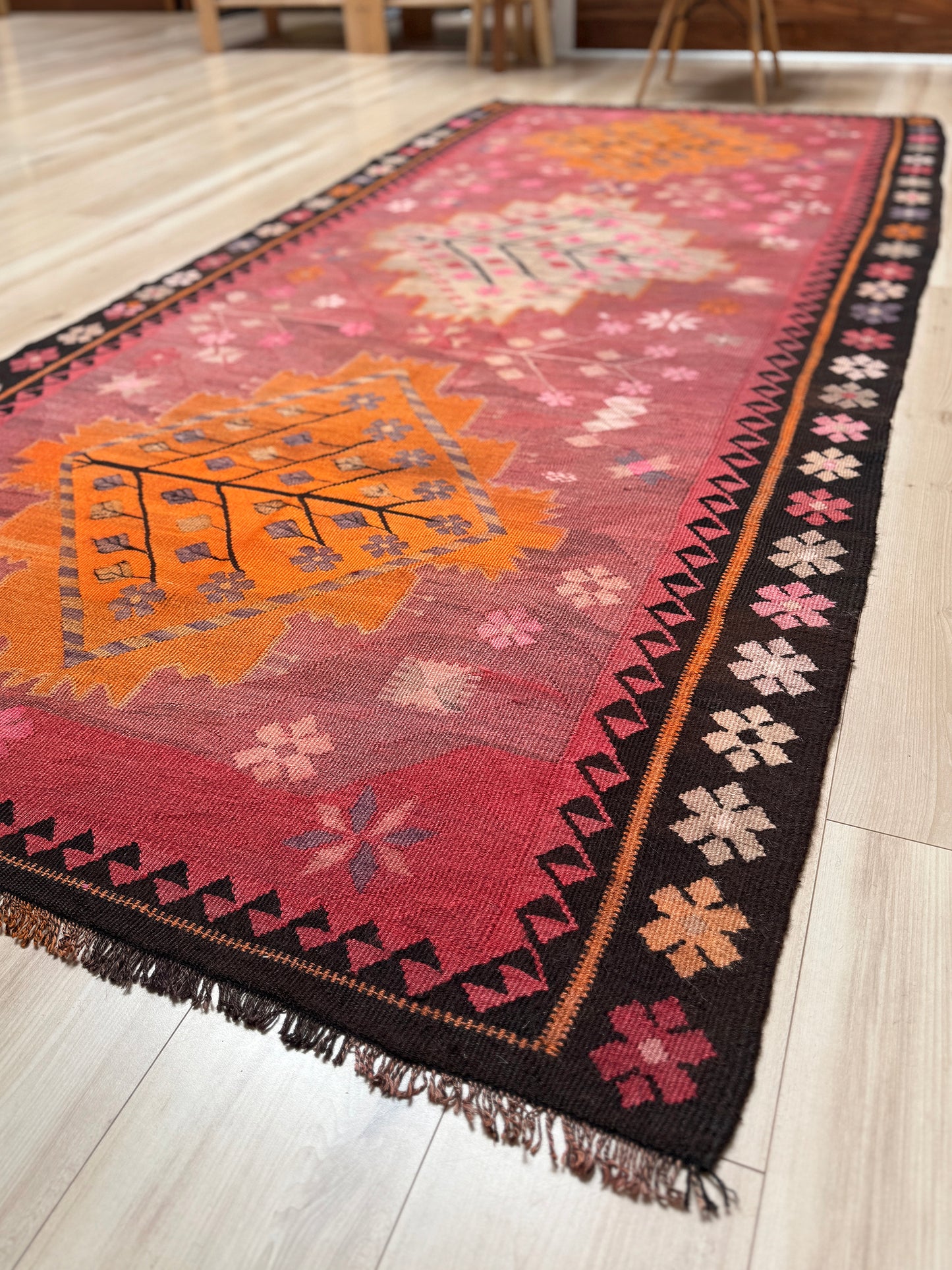 Vintage Kars Turkish kilim rug in dusty pink, warm apricot orange, handwoven from Anatolian wool 5x10. 