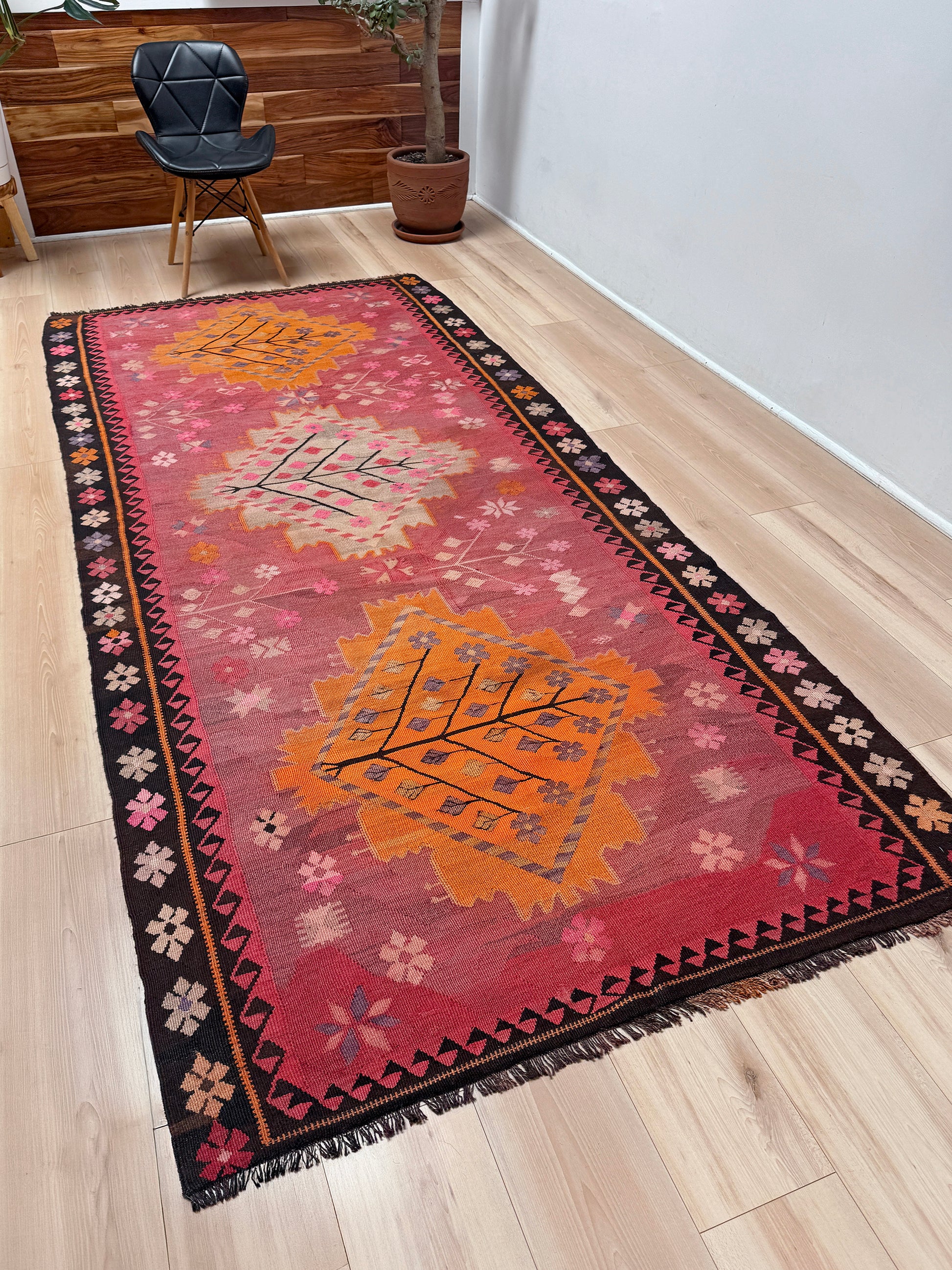 Vintage Kars Turkish kilim rug in dusty pink, warm apricot orange, handwoven from Anatolian wool 5x10. 
