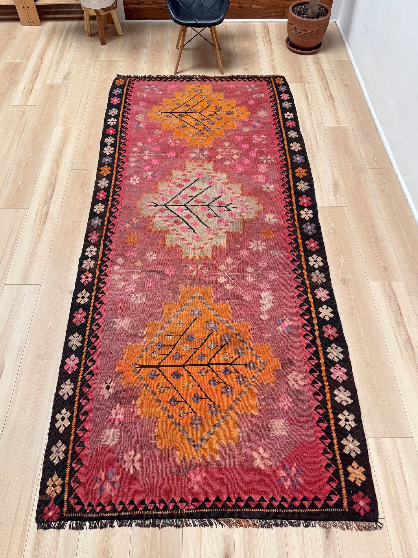Vintage Kars Turkish kilim rug in dusty pink, warm apricot orange, handwoven from Anatolian wool 5x10. 