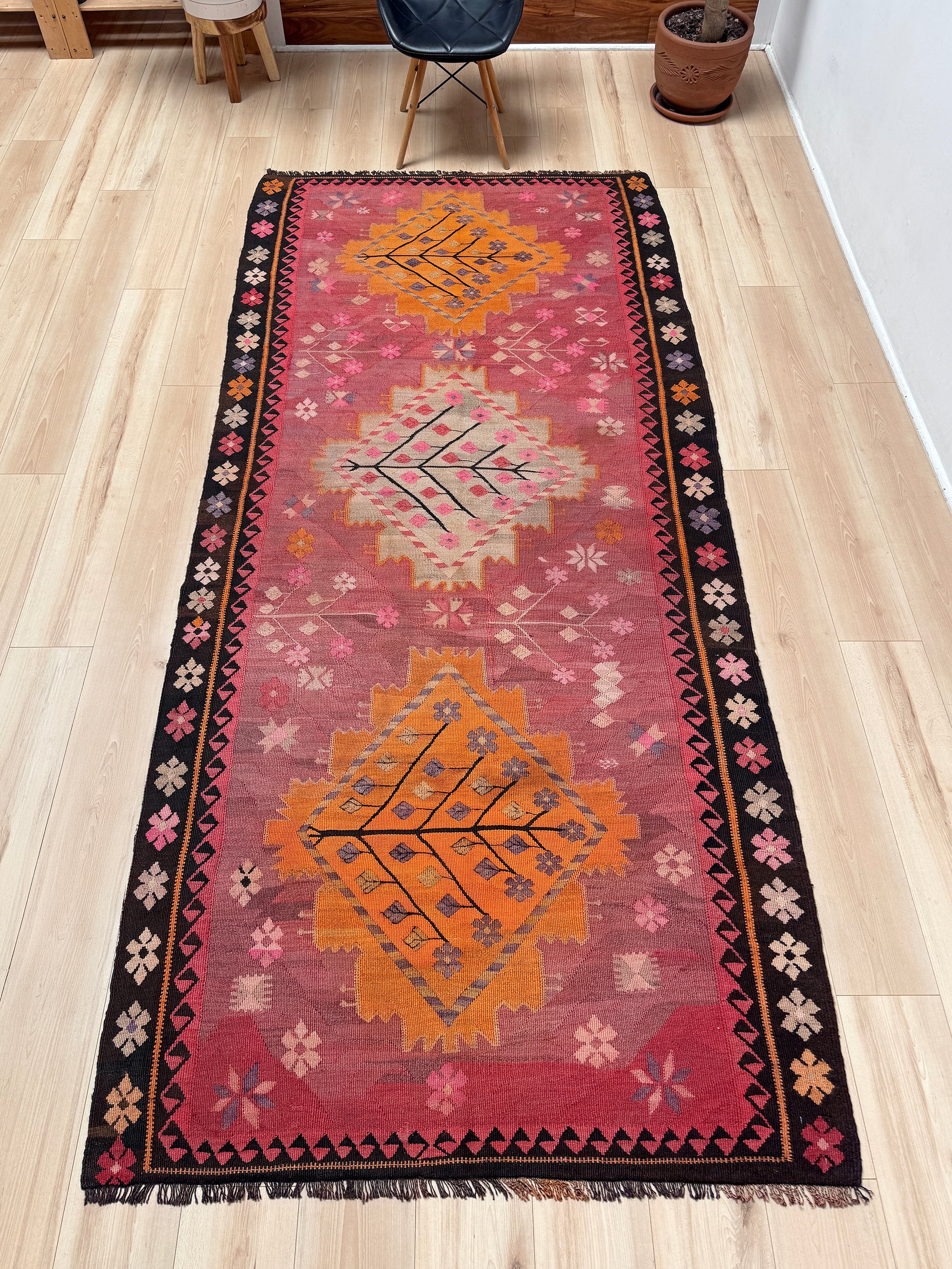 Vintage Kars Turkish kilim rug in dusty pink, warm apricot orange, handwoven from Anatolian wool 5x10. 