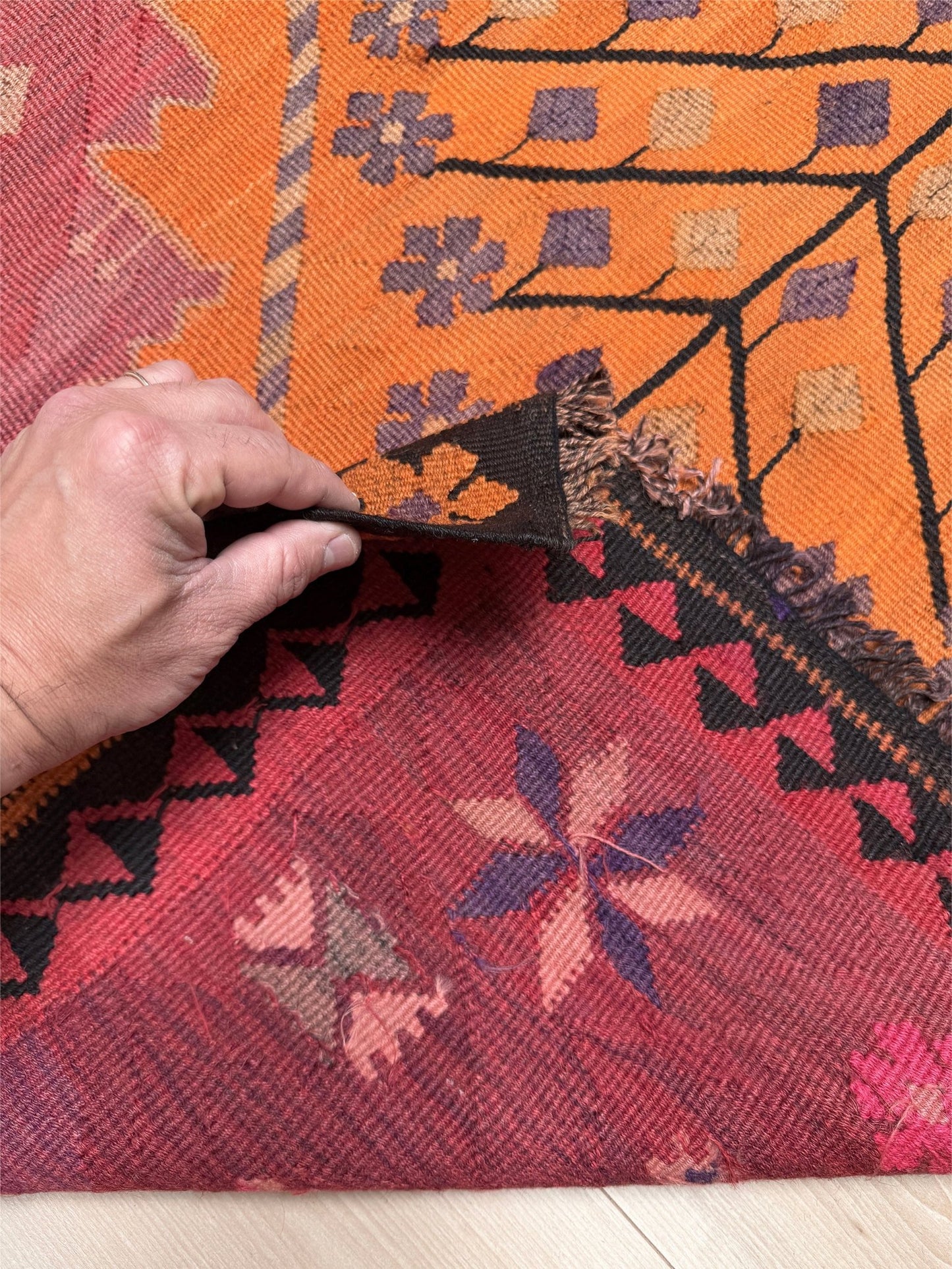 Vintage Kars Turkish kilim rug in dusty pink, warm apricot orange, handwoven from Anatolian wool 5x10. 