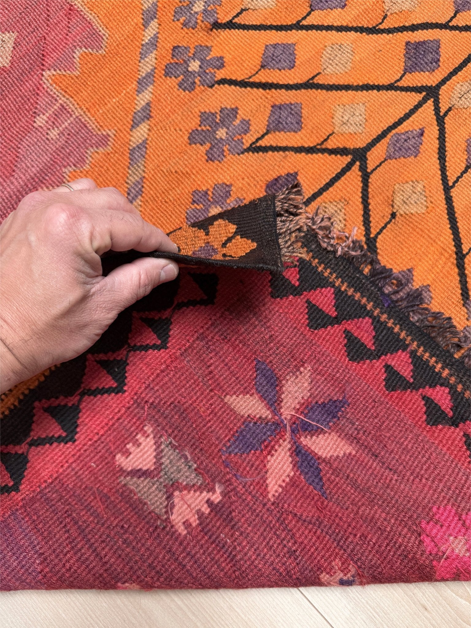Vintage Kars Turkish kilim rug in dusty pink, warm apricot orange, handwoven from Anatolian wool 5x10. 