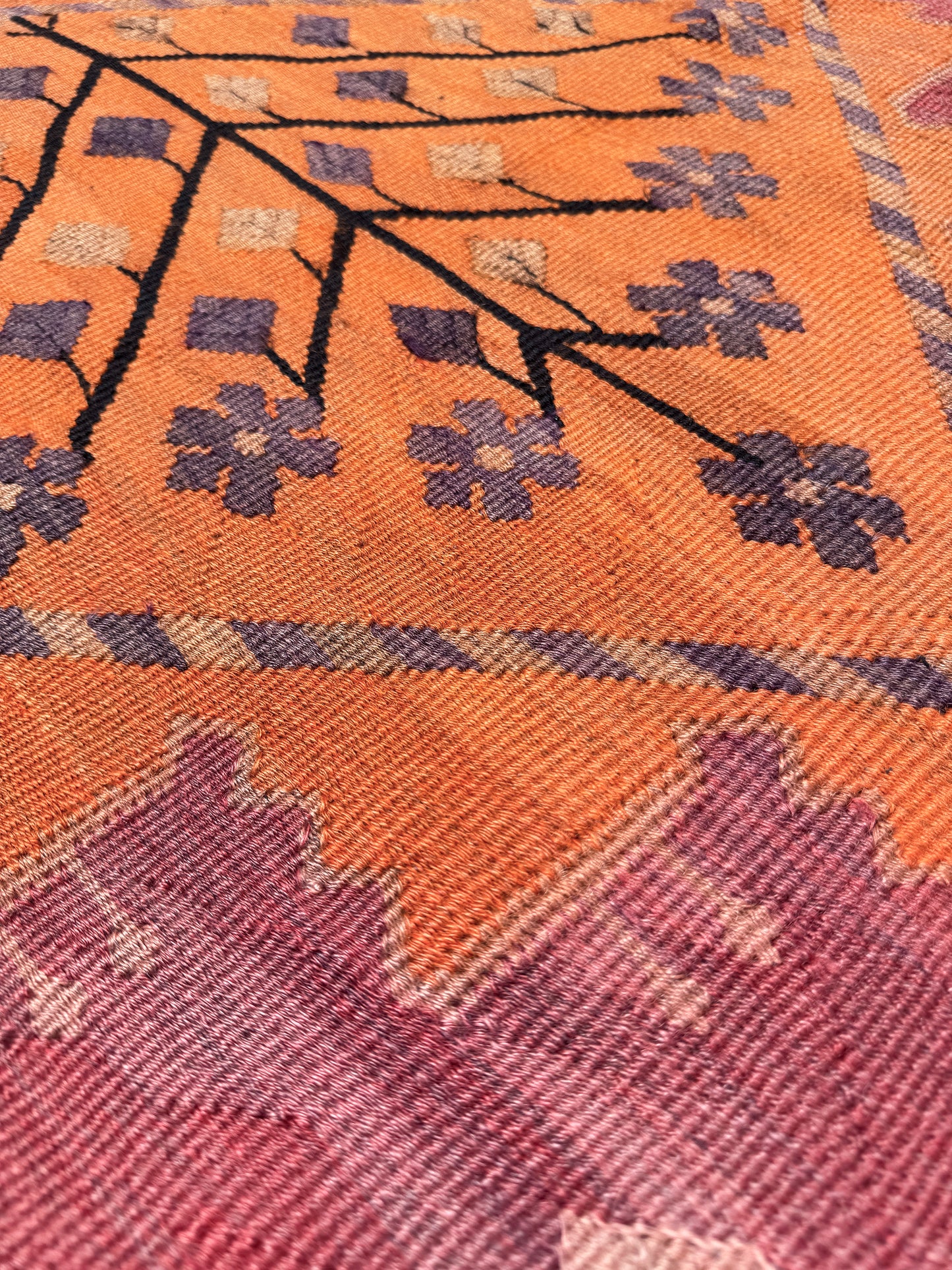 Vintage Kars Turkish kilim rug in dusty pink, warm apricot orange, handwoven from Anatolian wool 5x10. 